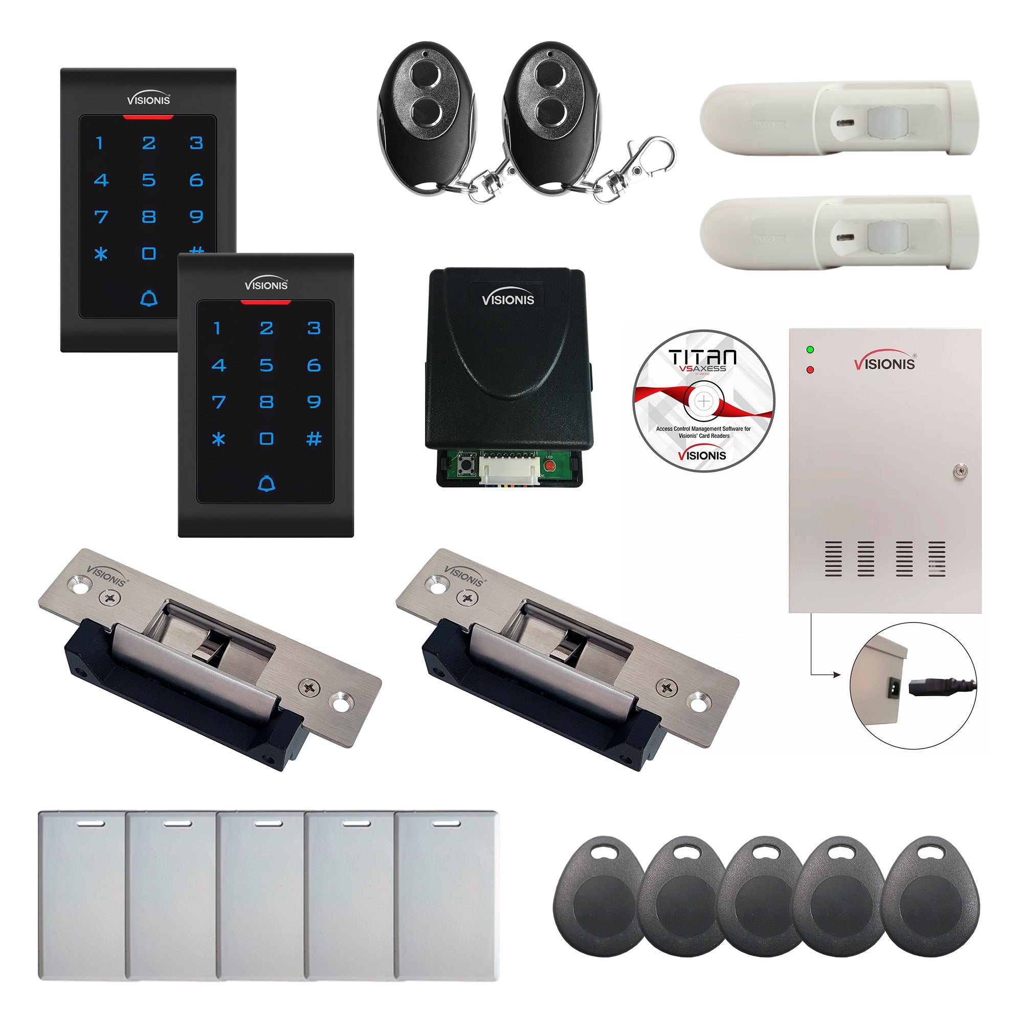 FPC-8084 Two Doors Professional Access Control Electric Strike Fail Safe Fail Secure TCP/IP Wiegand Controller Box, Keypad / Reader, Software, 20,000 Users, 70,000 Records, Wireless Receiver, PIR Kit