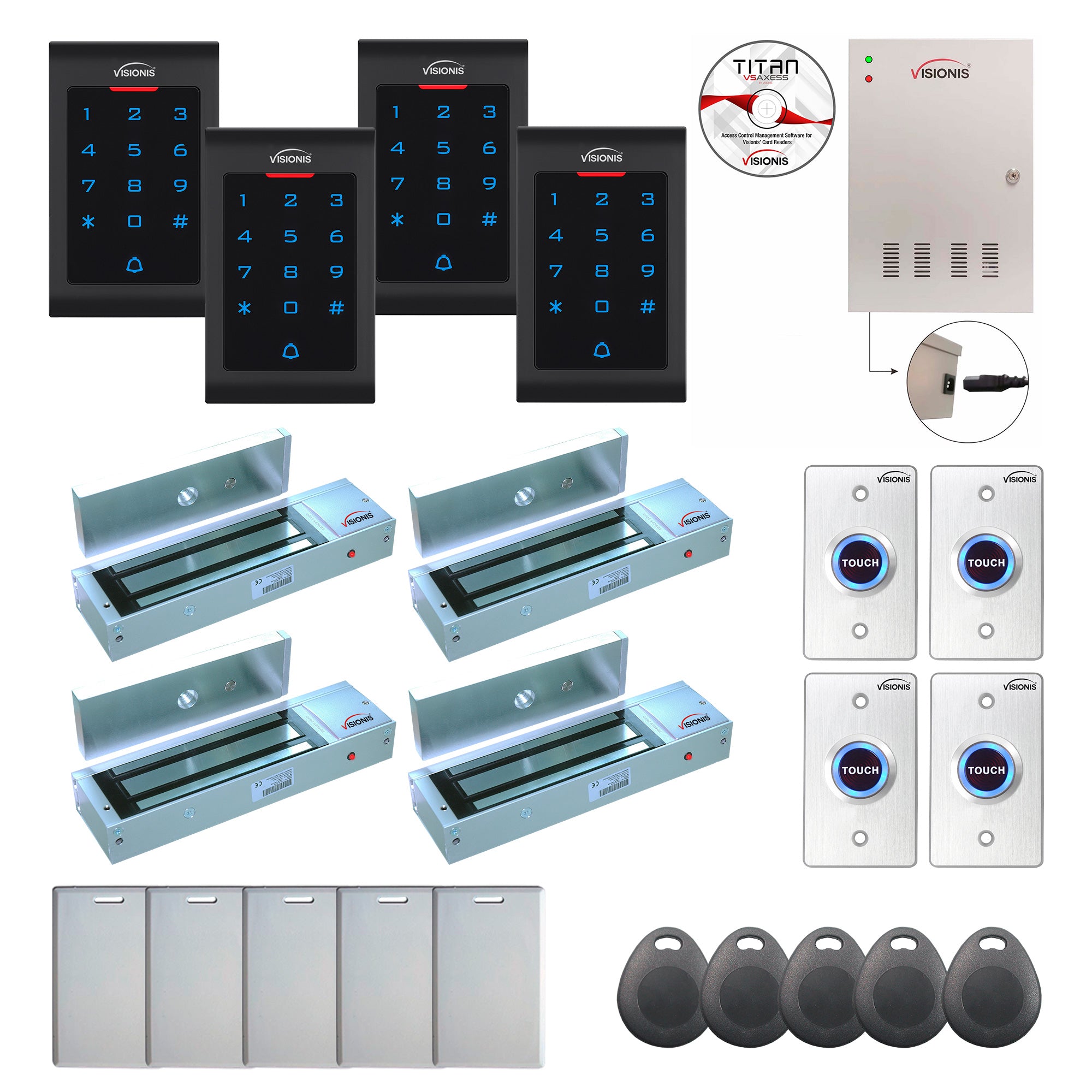 FPC-8087 4 Doors Professional Access Control Outswinging Door 1200lbs Mag Lock Time Attendance TCP/IP Wiegand Controller Box, Indoor Keypad / Reader, Software Included, 20000 Users, 70000 Records Kit