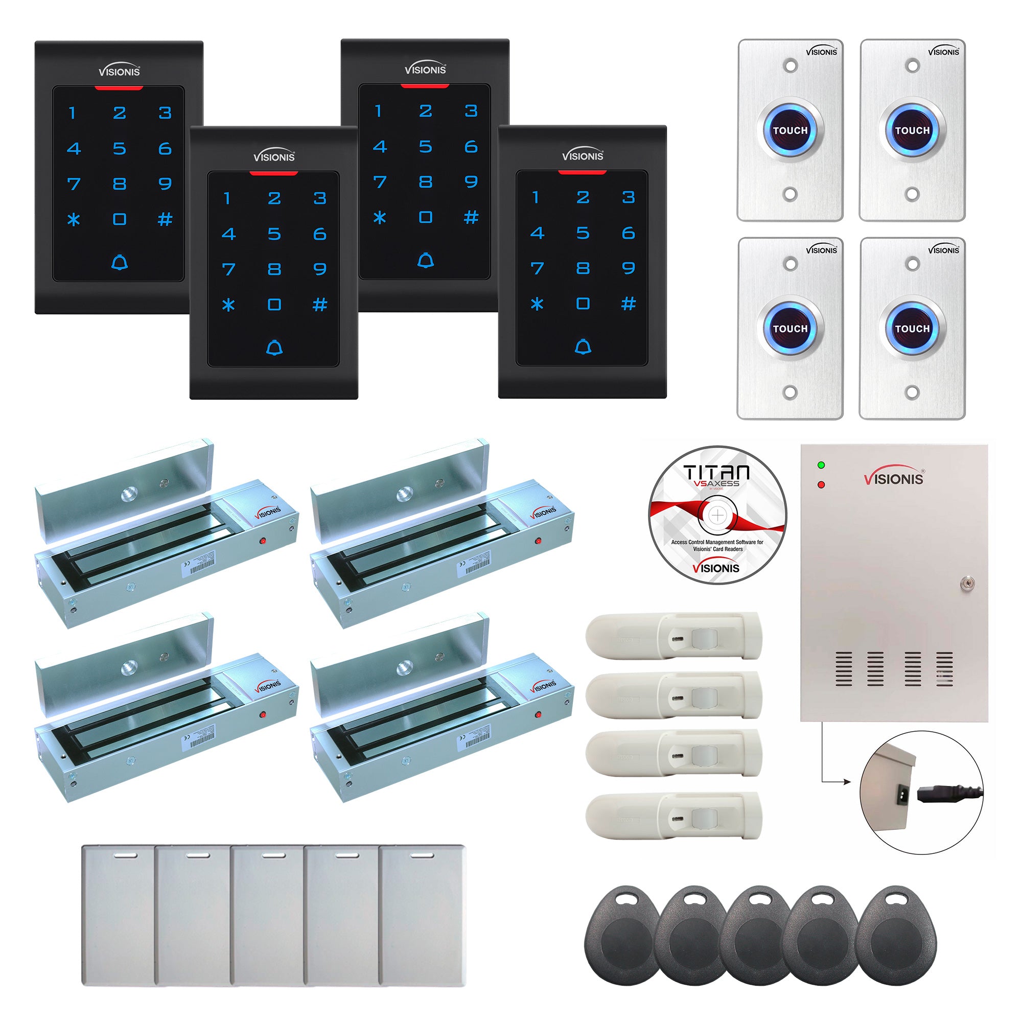 FPC-8093 4 Door Professional Access Control Outswinging Door 1200lbs Mag Lock Time Attendance TCP/IP Wiegand Controller Box, Indoor Keypad/Reader, Software Included, 20,000 Users, 70,000 Records, PIR