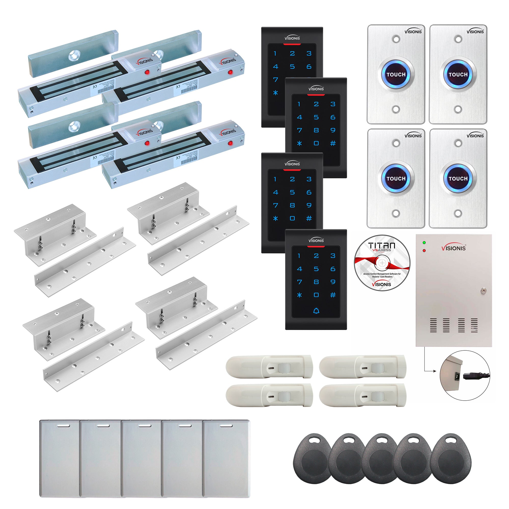 FPC-8094 4 Door Professional Access Control Inswinging Door 300lbs Mag Lock Time Attendance TCP/IP Wiegand Controller Box, Indoor Keypad/Reader, Software Included, 20,000 Users, 70,000 Records, PIR