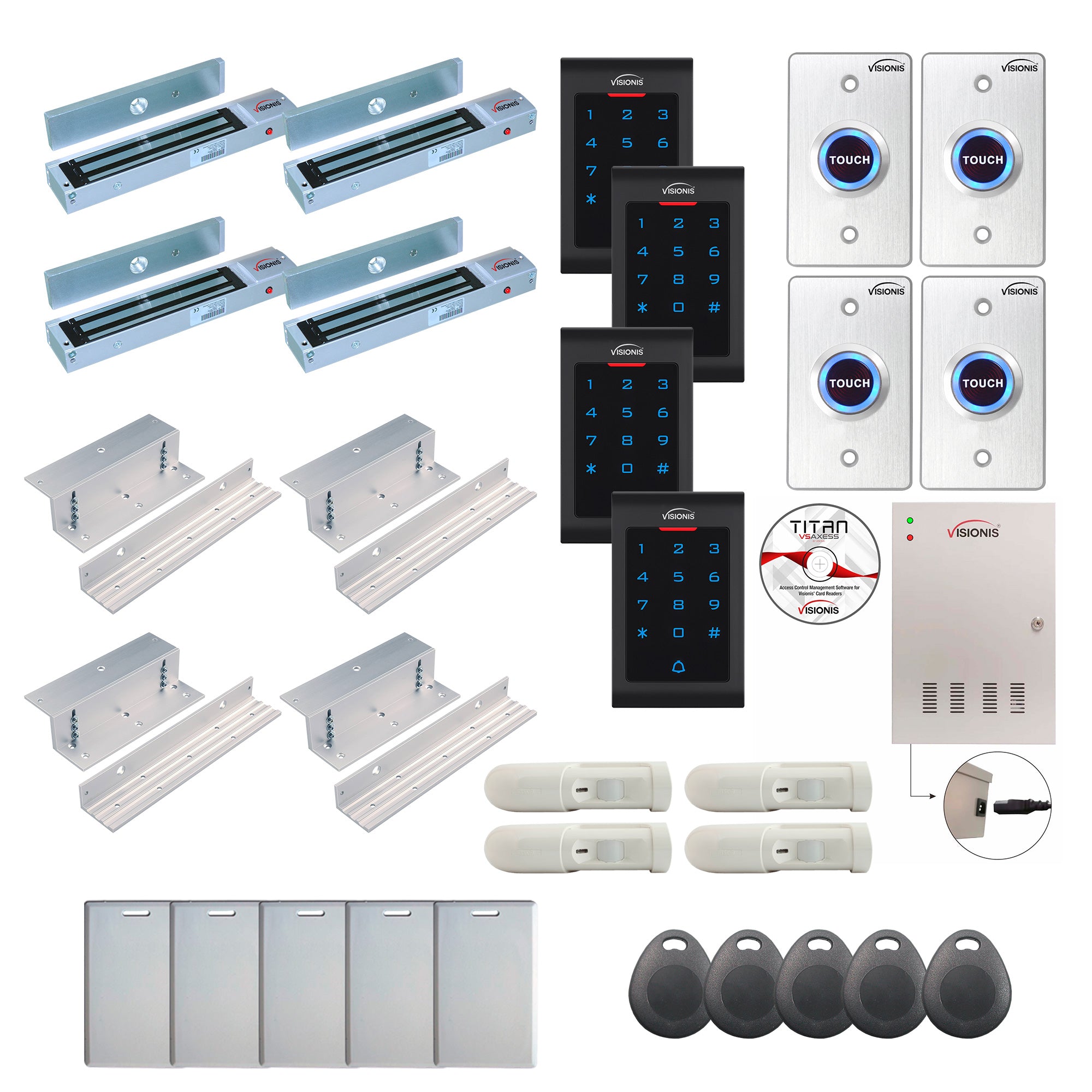 FPC-8095 4 Door Professional Access Control Inswinging Door 600lbs Mag Lock Time Attendance TCP/IP Wiegand Controller Box, Indoor Keypad/Reader, Software Included, 20,000 Users, 70,000 Records, PIR