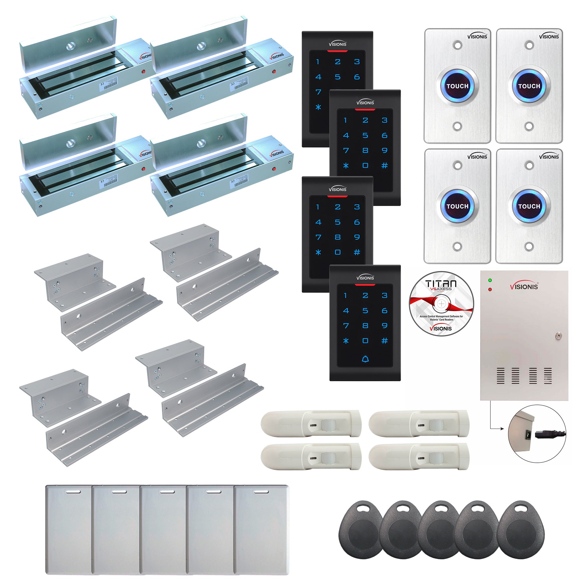 FPC-8096 4 Door Professional Access Control Inswinging Door 1200lbs Mag Lock Time Attendance TCP/IP Wiegand Controller Box, Indoor Keypad/Reader, Software Included, 20,000 Users, 70,000 Records, PIR