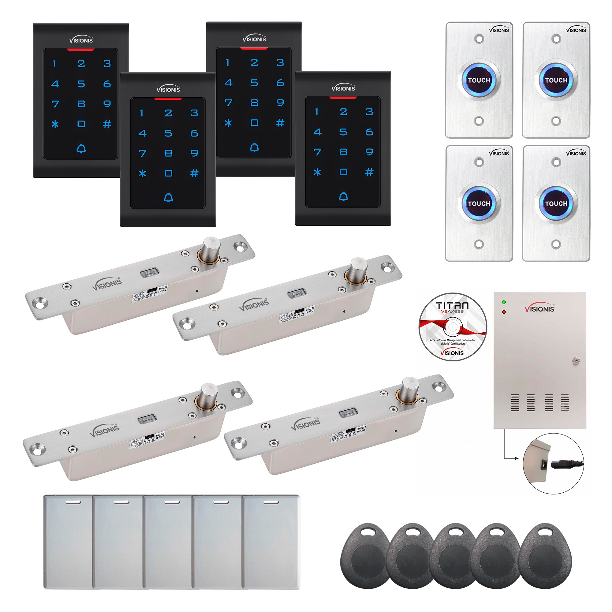 FPC-8097 Four Doors Professional Access Control Electric Drop Bolt Fail Secure Time Attendance TCP/IP Wiegand Controller Box, Indoor Keypad / Reader, Software Included, 20,000 Users, 70,000 Records