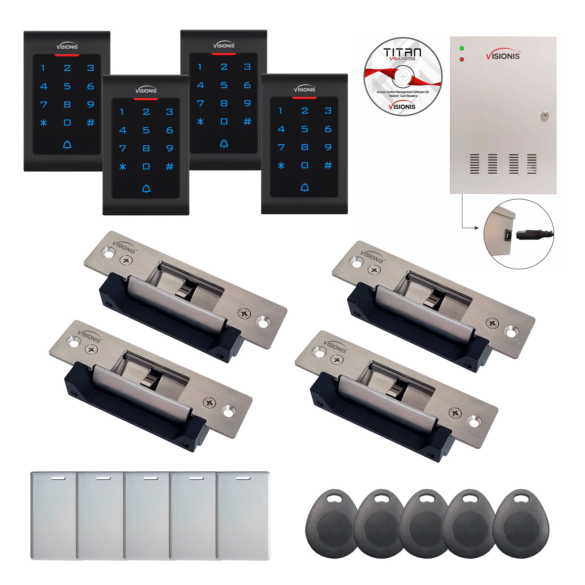 FPC-8098 4 Door Professional Access Control Electric Strike Fail Safe / Fail Secure Time Attendance TCP/IP Wiegand Controller Box, Indoor Keypad/Reader, Software Included, 20000 Users, 70000 Records