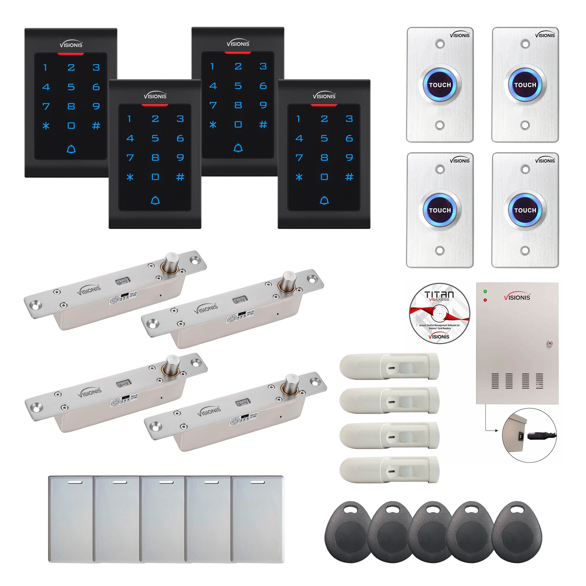 FPC-8099 Four Doors Professional Access Control Electric Drop Bolt Fail Secure Time Attendance TCP/IP Wiegand Controller Box, Indoor Keypad/Reader, Software Included, 20000 Users, 70000 Records, PIR