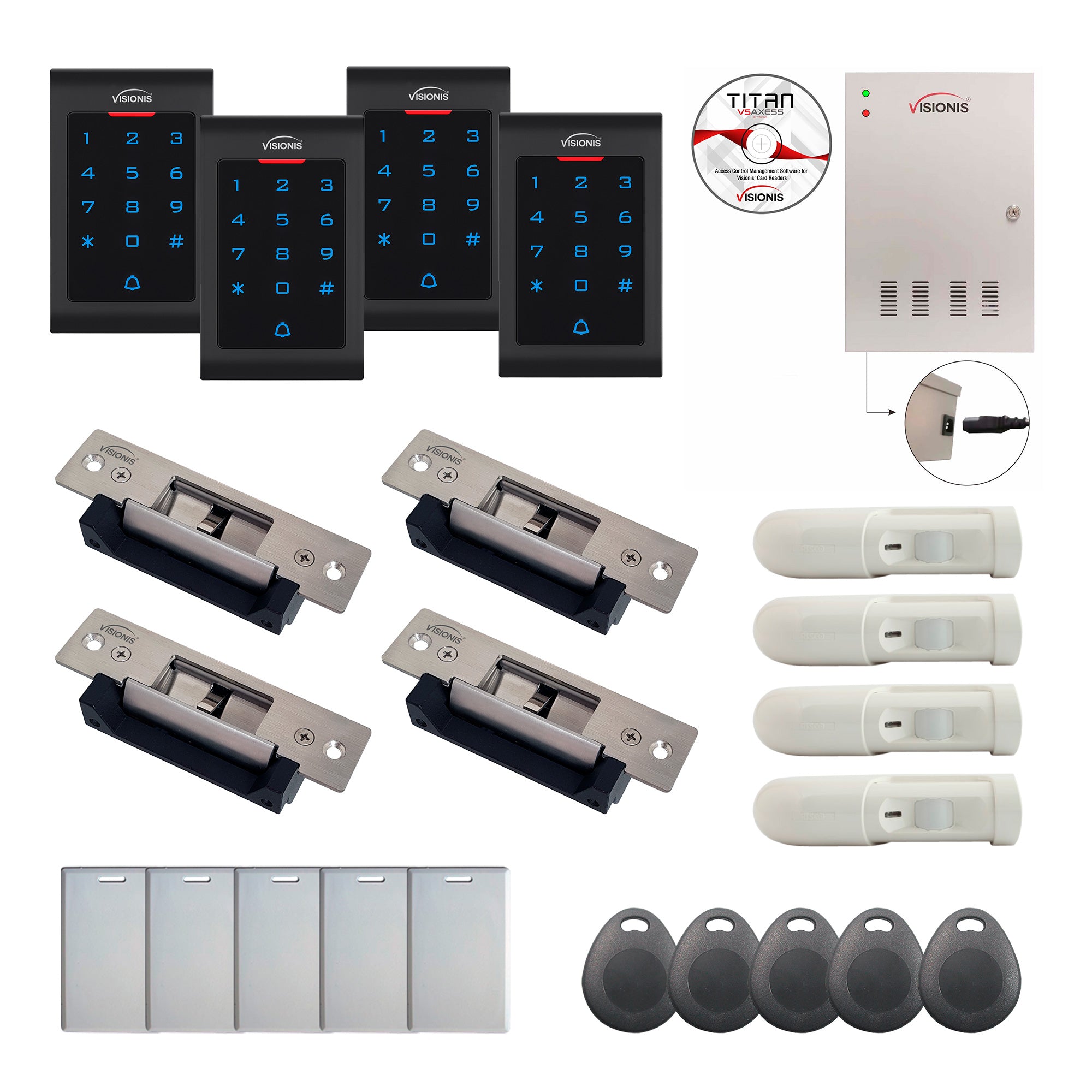 FPC-8100 4 Door Professional Access Control Electric Strike Fail Safe / Fail Secure Time Attendance TCP/IP Wiegand Controller, Indoor Keypad/Reader, Software Included, 20000 Users, 70000 Records, PIR