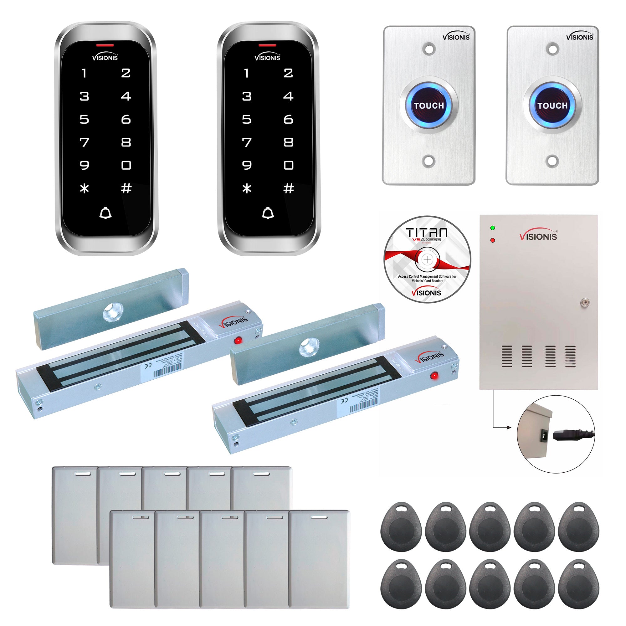 FPC-8125 2 Doors Access Control Outswinging Door 300lb Mag Lock Time Attendance TCP/IP Wiegand Controller Box + Power Supply, Weatherproof Digital Touch Keypad/Reader, Software Included, 20000 Users