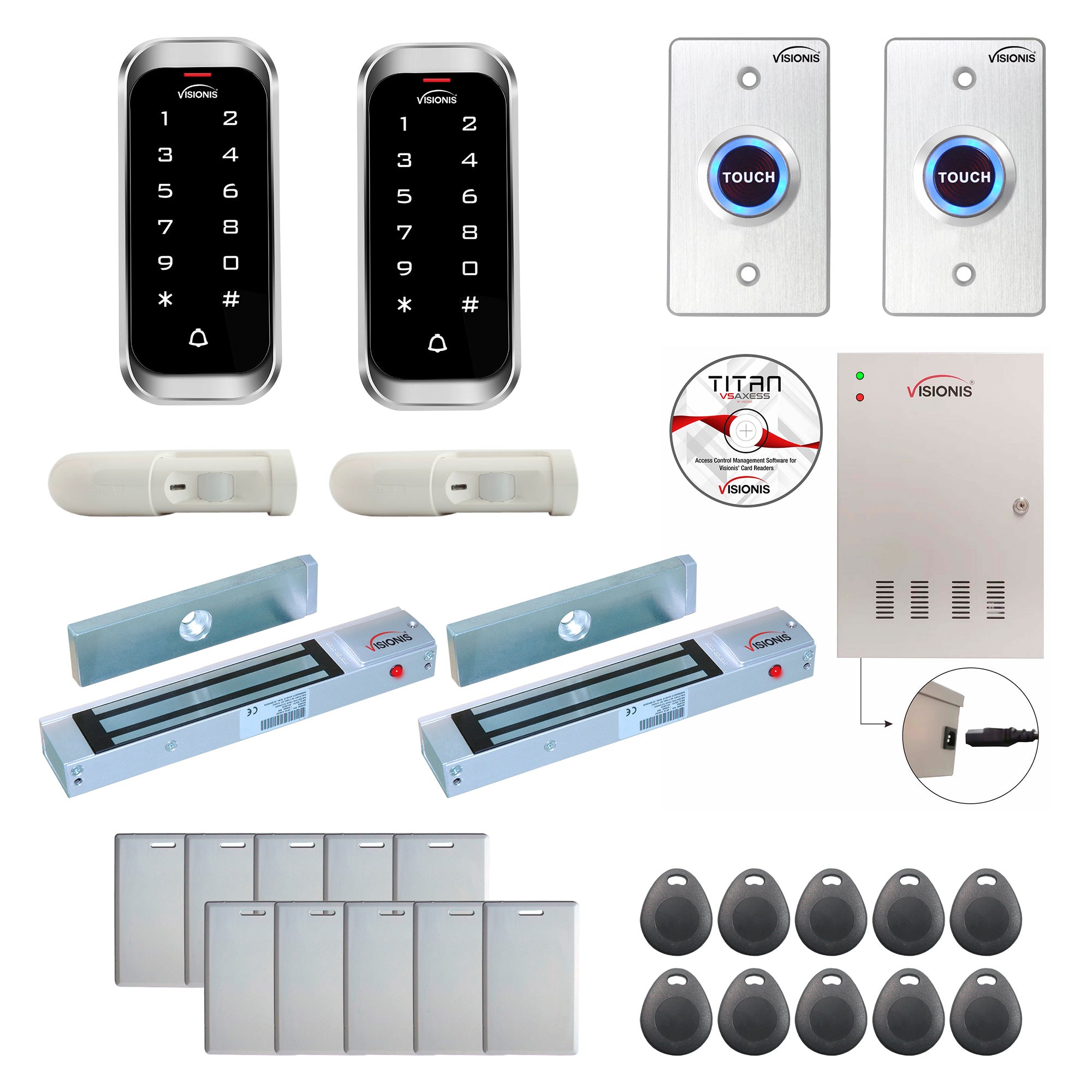 FPC-8131 Two Doors Access Control Electromagnetic Lock For Outswinging Door 300lbs TCP/IP Wiegand Controller Box, Outdoor Weatherproof Keypad / Reader, Software Included, 20000 Users, With PIR Kit