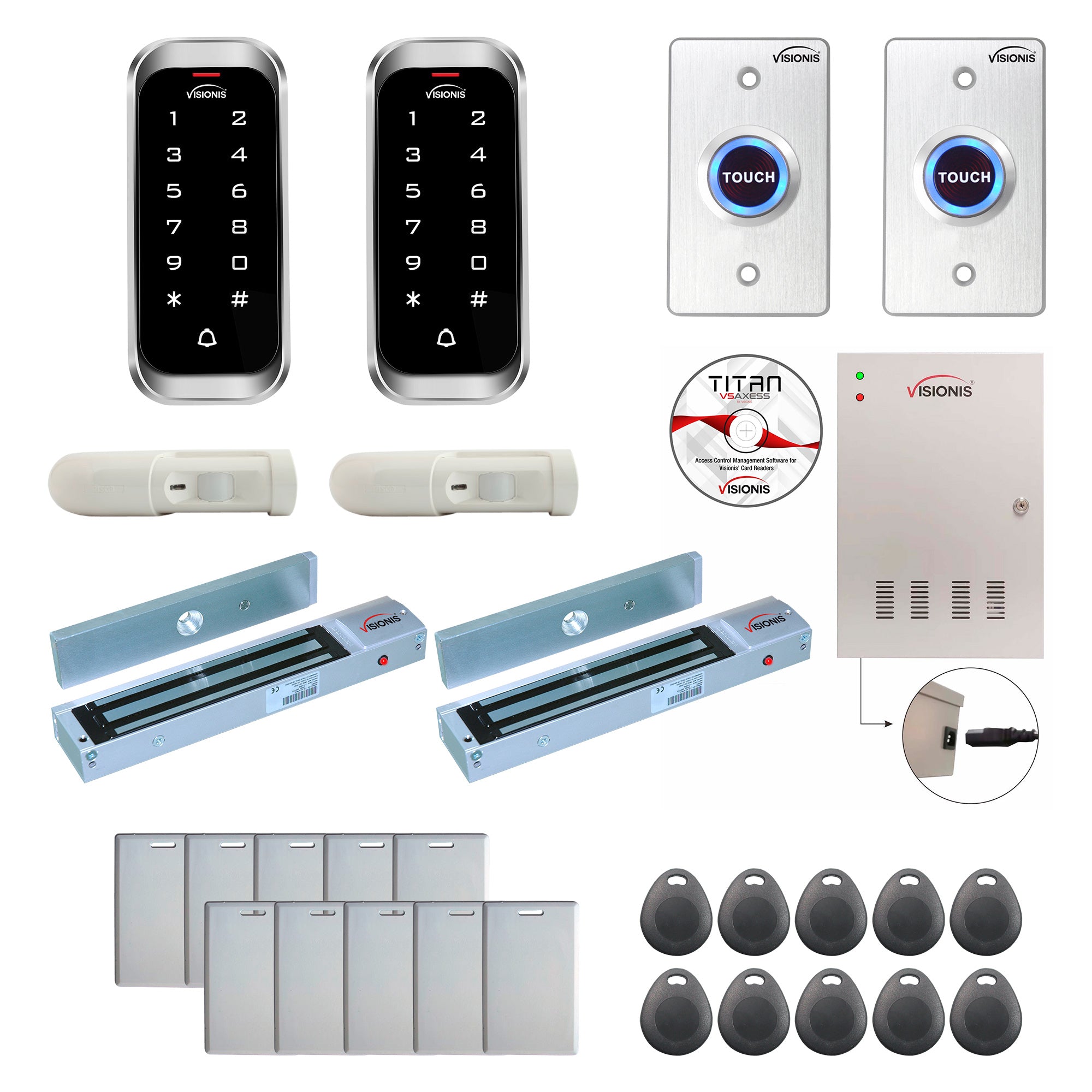 FPC-8132 Two Doors Access Control Electromagnetic Lock For Outswinging Door 600lbs TCP/IP Wiegand Controller Box, Outdoor Weatherproof Keypad / Reader, Software Included, 20000 Users, With PIR Kit