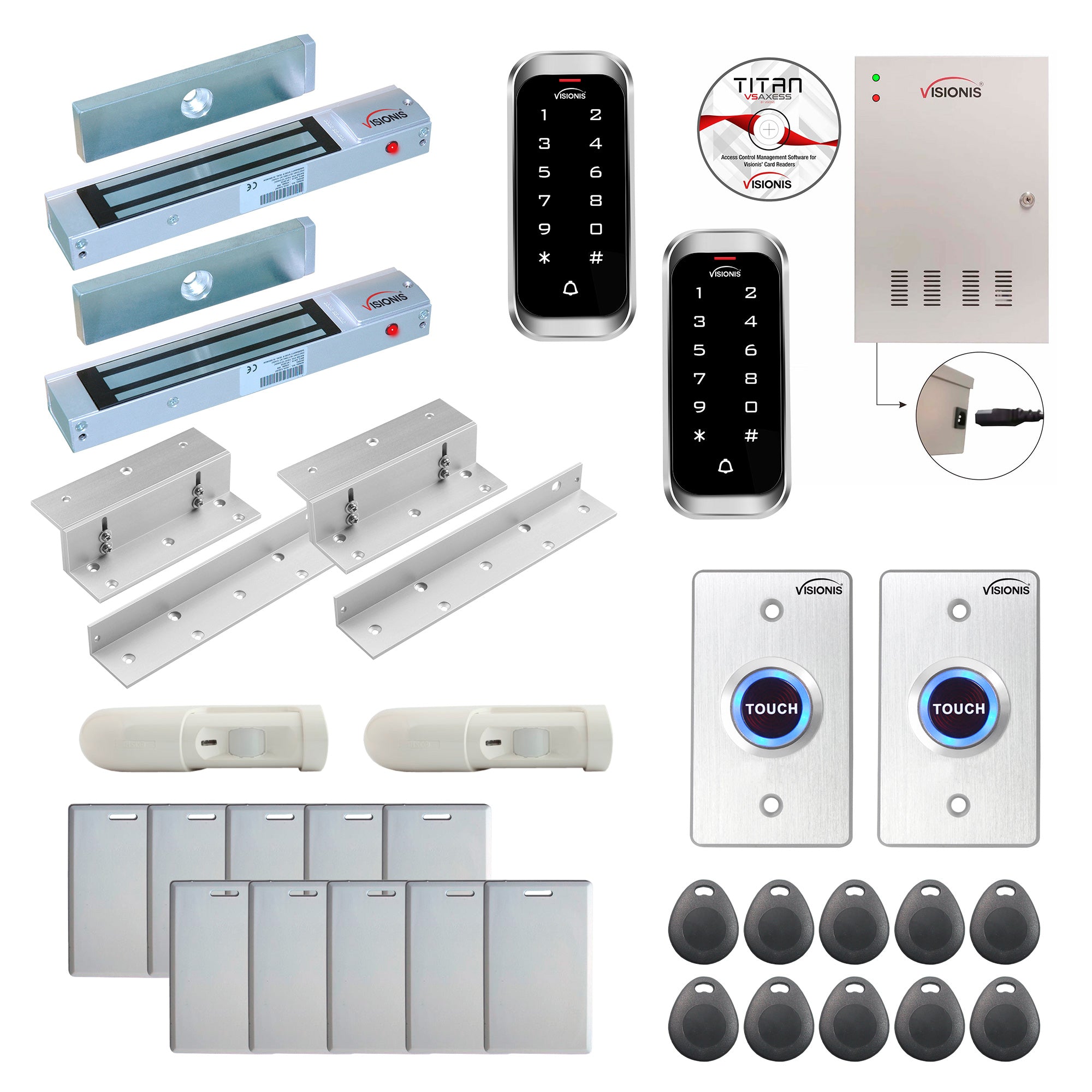 FPC-8134 Two Doors Access Control Electromagnetic Lock For Inswinging Door 300lbs TCP/IP Wiegand Controller Box, Outdoor Weatherproof Keypad / Reader, Software Included, 20000 Users, With PIR Kit