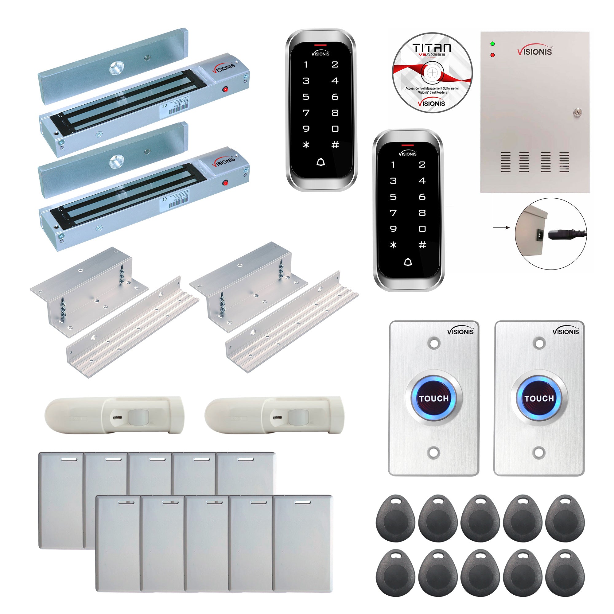 FPC-8135 Two Doors Access Control Electromagnetic Lock For Inswinging Door 600lbs TCP/IP Wiegand Controller Box, Outdoor Weatherproof Keypad / Reader, Software Included, 20000 Users, With PIR Kit