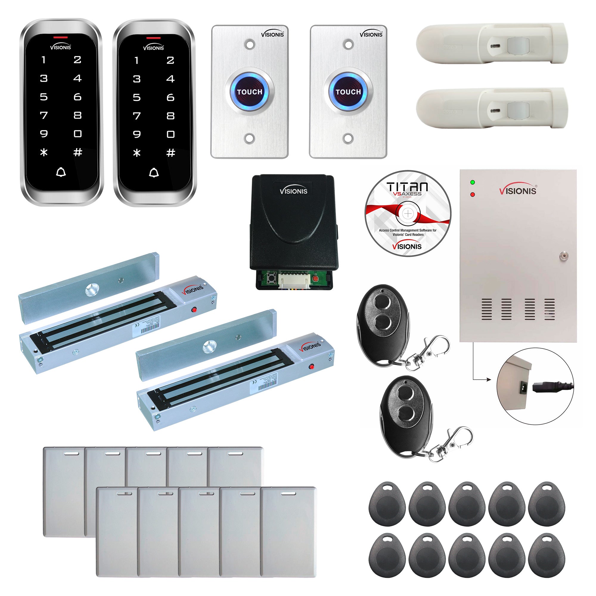 FPC-8138 2 Doors Access Control Electromagnetic Lock For Outswinging Door 600lbs TCP/IP Wiegand Controller Box, Outdoor Weatherproof Keypad/Reader, Software Included, 20000 User, Receiver, PIR Kit