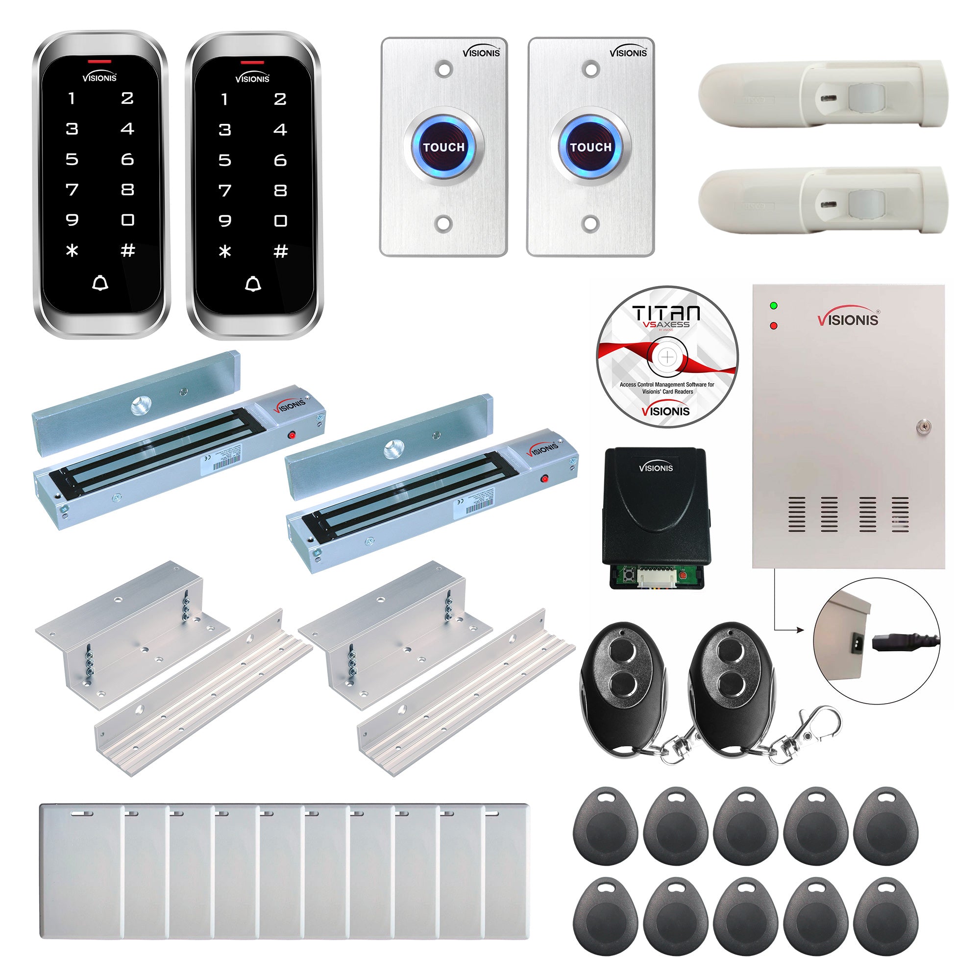 FPC-8141 2 Doors Access Control Electromagnetic Lock For Inswinging Door 600lbs TCP/IP Wiegand Controller Box, Outdoor Weatherproof Keypad / Reader, Software Included, 20000 User, Receiver, PIR Kit