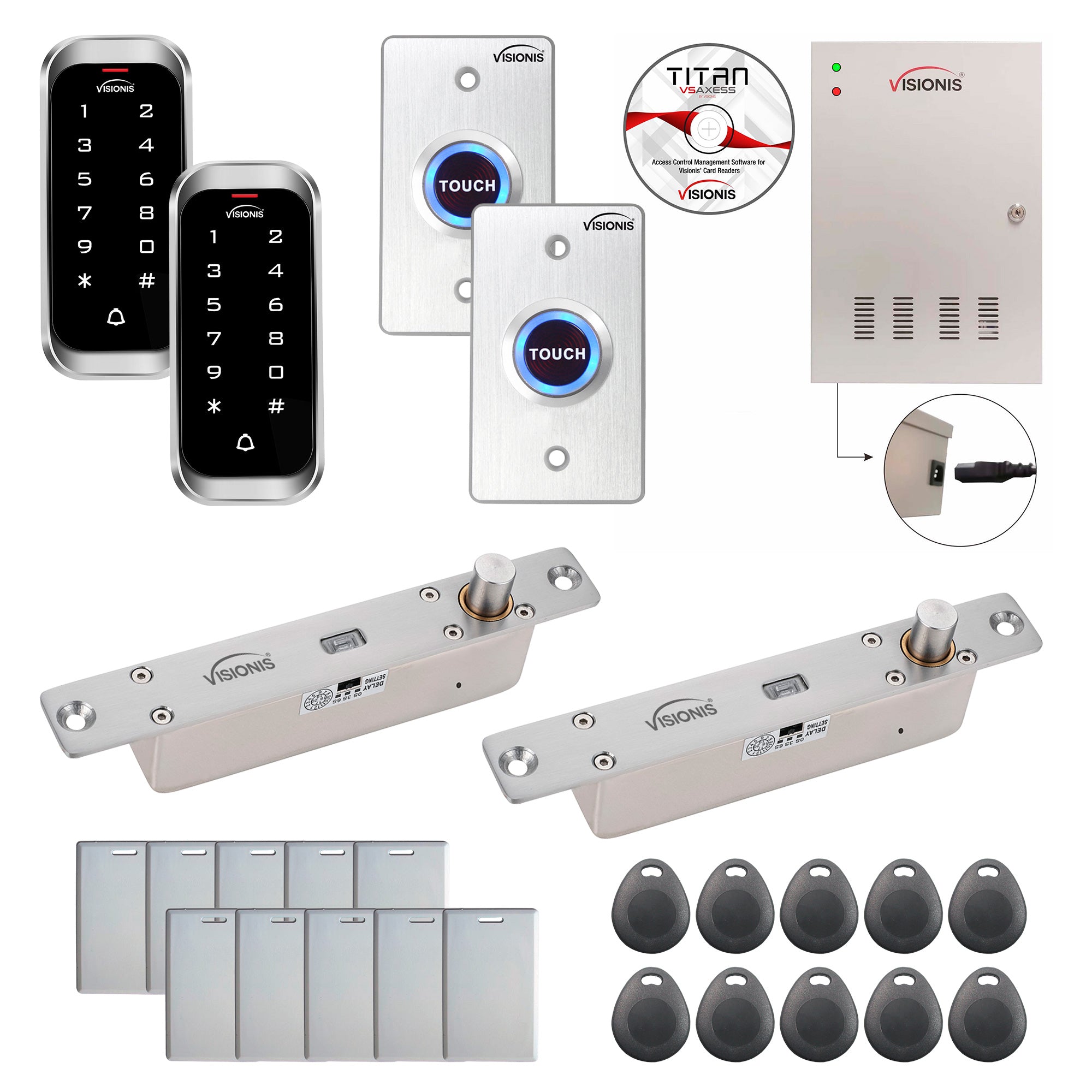 FPC-8143 Two Doors Access Control Electric Drop Bolt Fail Secure Time Attendance TCP/IP Wiegand Controller Box, Power Supply, Outdoor Weatherproof Keypad/Reader, 20,000 Users, Software Included Kit