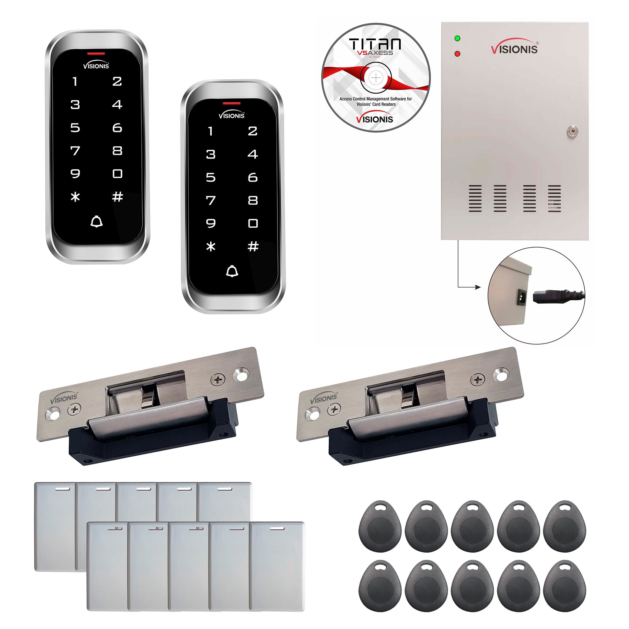 FPC-8144 Two Doors Access Control Electric Strike Fail Safe Fail Secure Time Attendance TCP/IP Wiegand Controller Box, Power Supply, Weatherproof Keypad/Reader, 20,000 Users, Software Included Kit