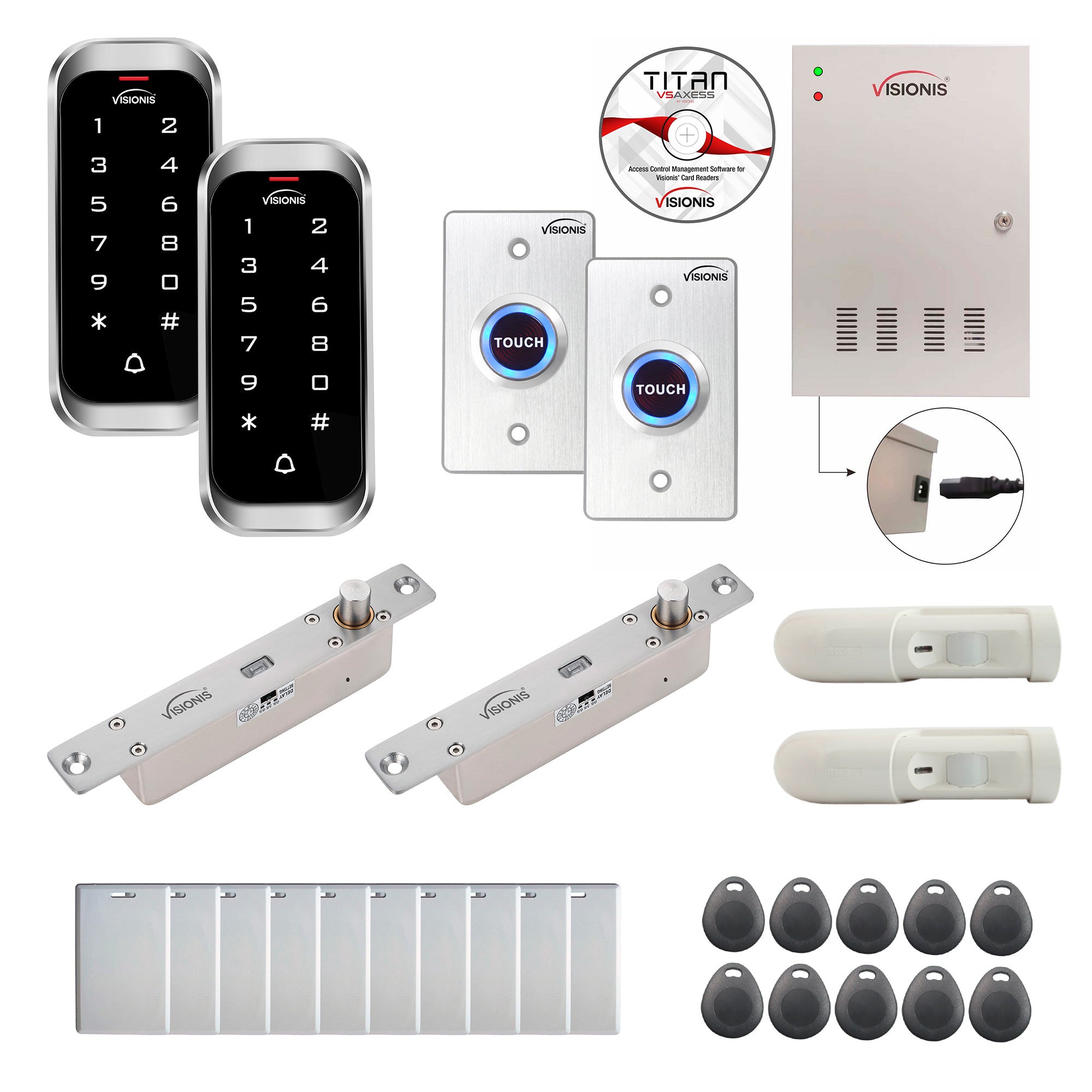 FPC-8145 Two Doors Access Control Electric Drop Bolt Fail Secure Time Attendance TCP/IP Wiegand Controller Box, Power Supply, Outdoor Weatherproof Keypad/Reader, 20,000 Users, Software Included, PIR