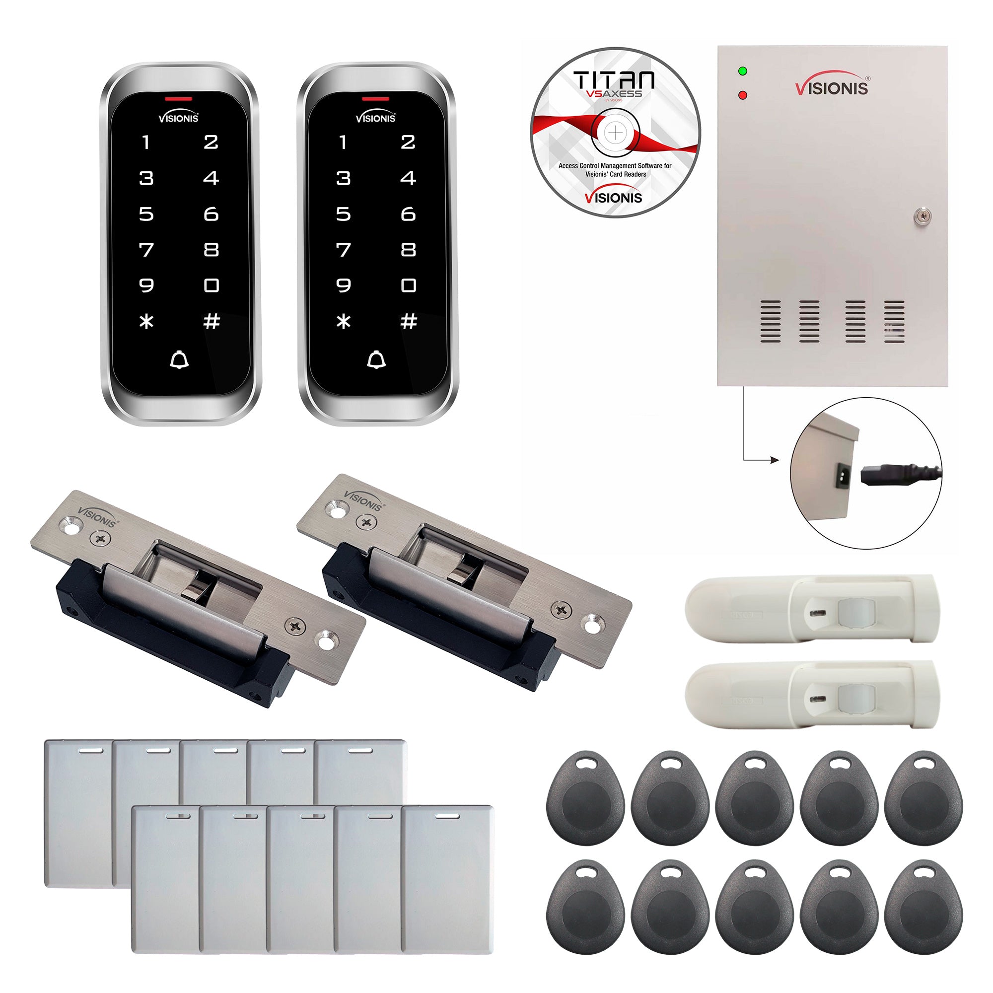 FPC-8146 Two Doors Access Control Electric Strike Fail Safe Fail Secure Time Attendance TCP/IP Wiegand Controller Box, Outdoor Weatherproof Keypad/Reader, 20,000 Users, Software Included, PIR Kit