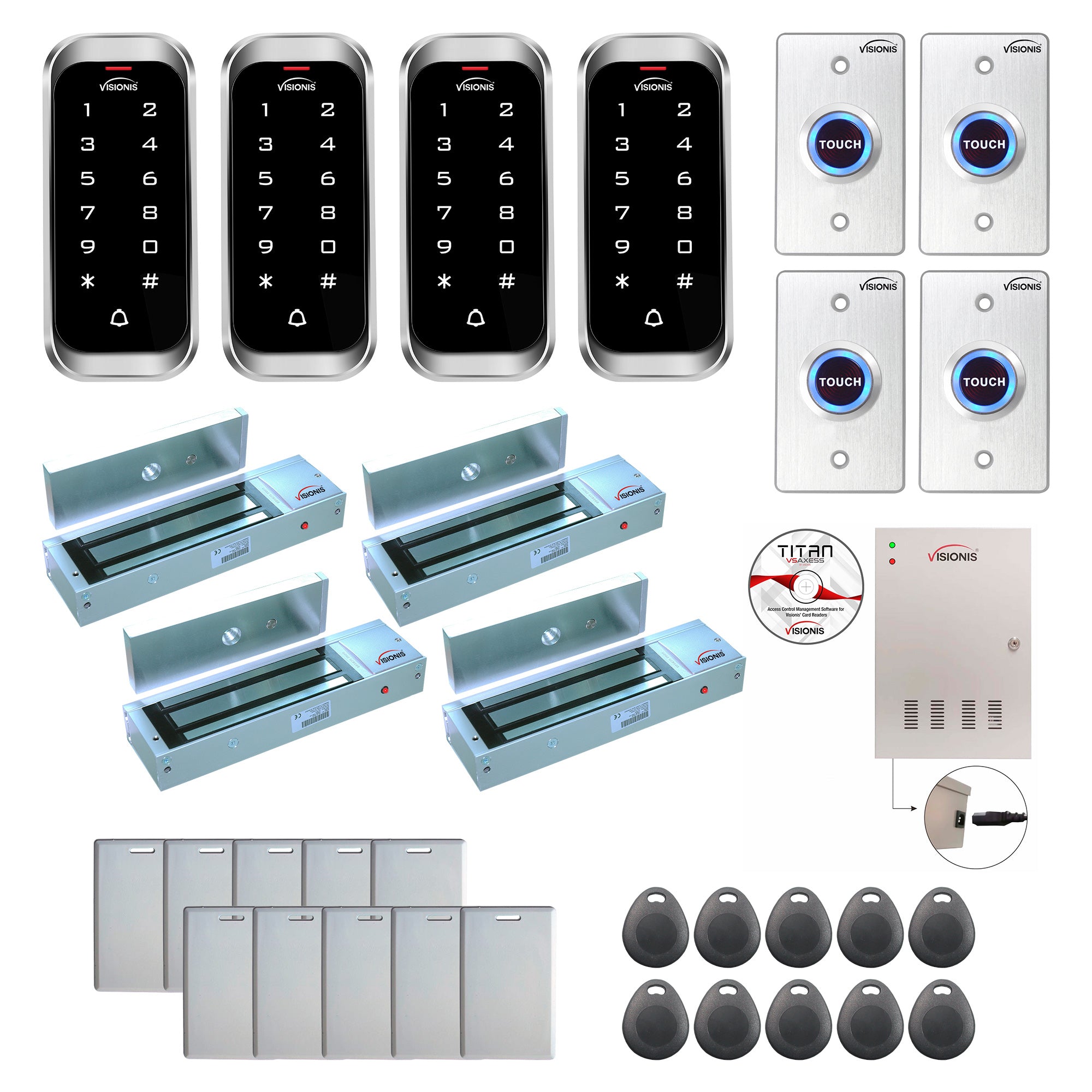 FPC-8151 4 Doors Access Control Outswinging Door 1200lbs Mag Lock Time Attendance TCP/IP Wiegand Controller Box, Outdoor Weatherproof Keypad/Reader, EM Compatible, Software Included, 20000 Users Kit