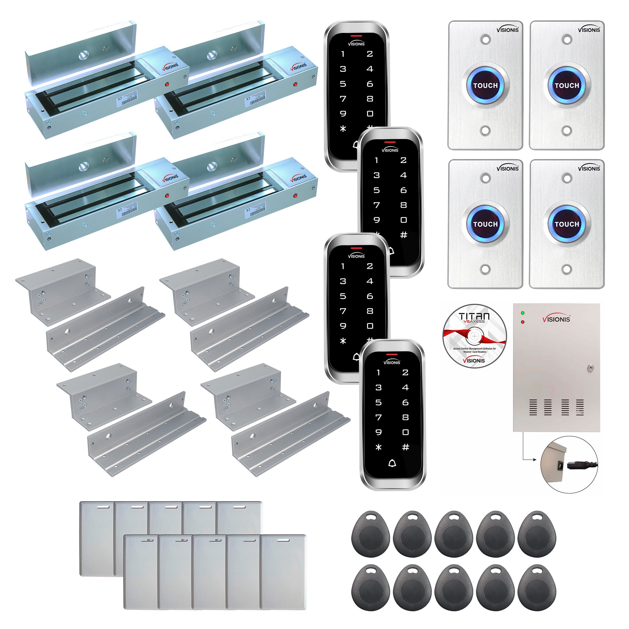 FPC-8154 4 Doors Access Control Inswinging Door 1200lbs Mag Lock Time Attendance TCP/IP Wiegand Controller Box, Outdoor Weatherproof Keypad / Reader, EM Compatible, Software Included, 20000 Users Kit