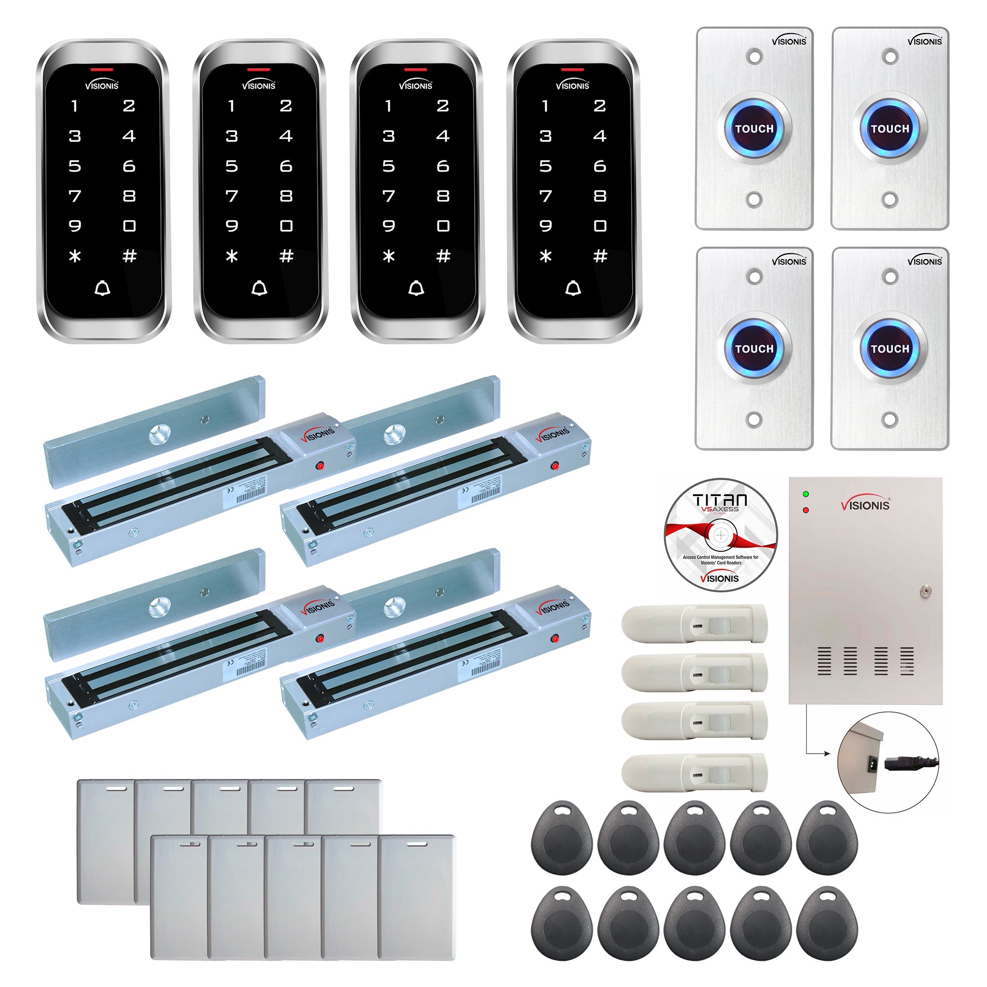 FPC-8156 Four Doors Access Control Electromagnetic Lock For Outswinging Door 600lbs TCP/IP Wiegand Controller Box, Weatherproof Keypad/Reader, EM Compatible, Software Included, 20,000 Users, PIR Kit