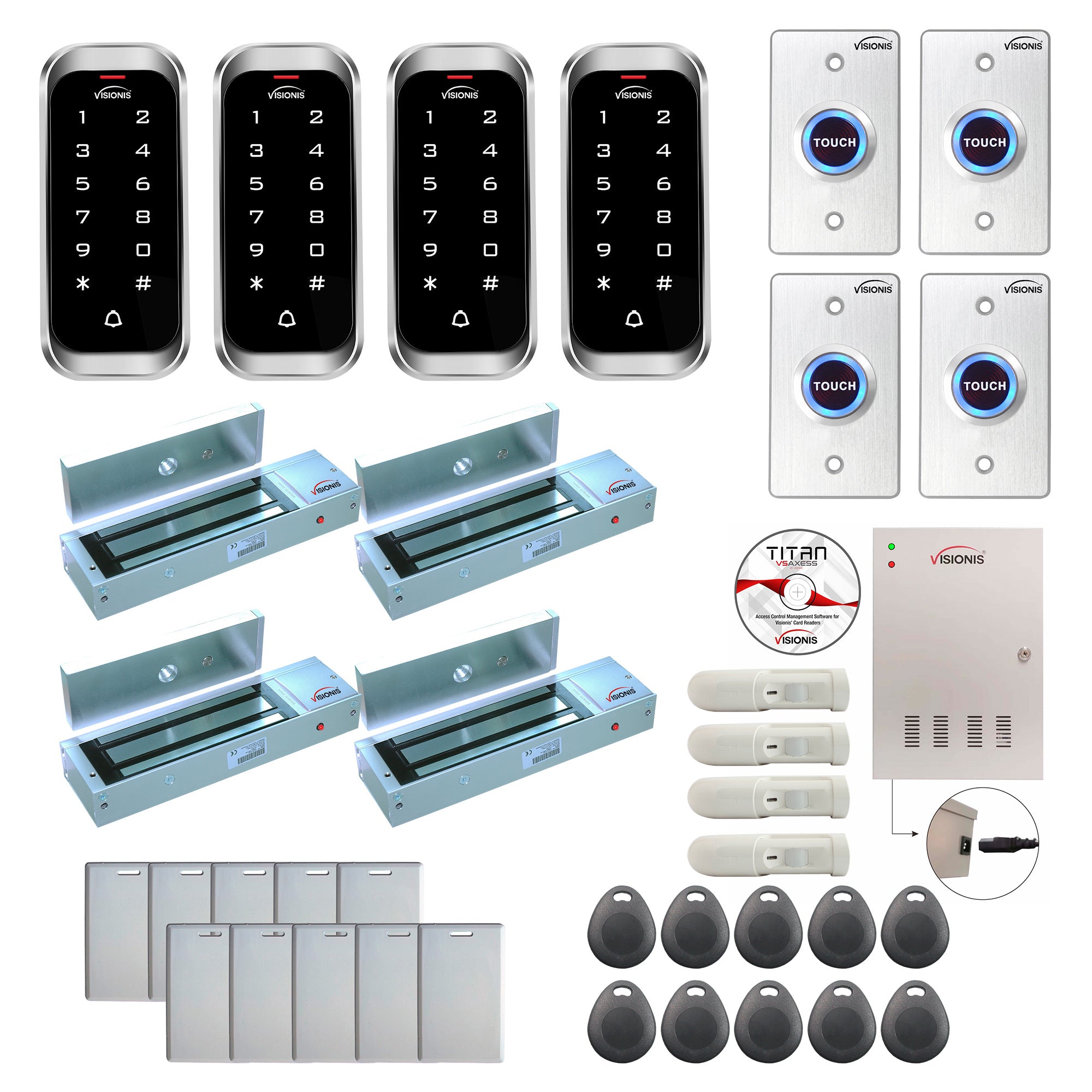 FPC-8157 Four Doors Access Control Electromagnetic Lock For Outswinging Door 1200lbs TCP/IP Wiegand Controller Box, Weatherproof Keypad/Reader, EM Compatible, Software Included, 20,000 User, PIR Kit