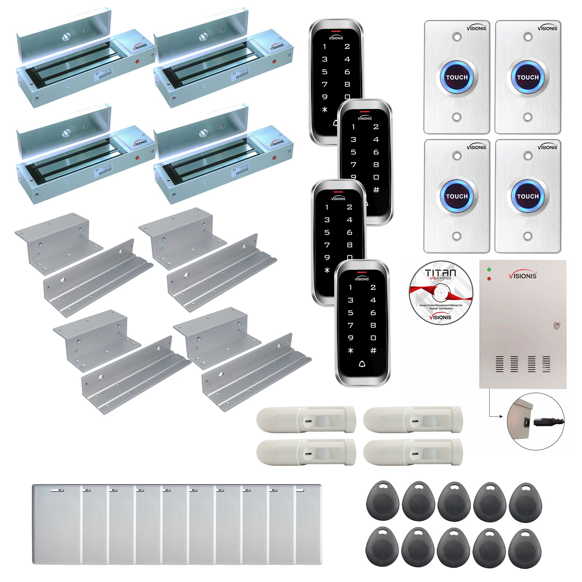 FPC-8160 Four Doors Access Control Electromagnetic Lock For Inswinging Door 1200lbs TCP/IP Wiegand Controller Box, Weatherproof Keypad/Reader, EM Compatible, Software Included, 20000 Users, PIR Kit