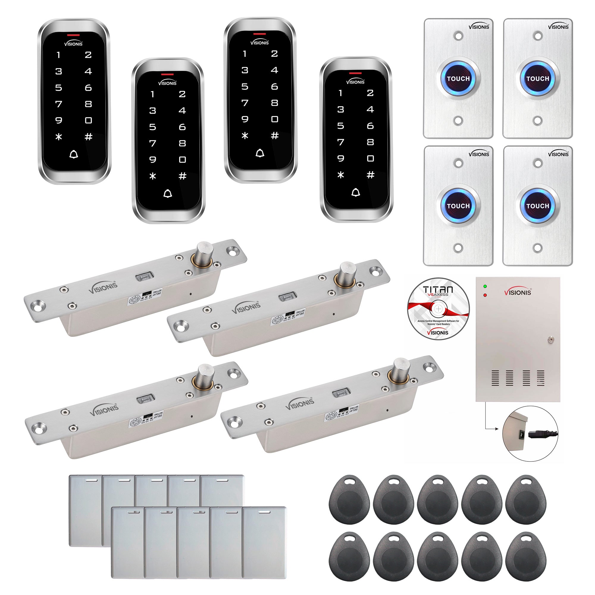 FPC-8161 4 Doors Access Control Electric Drop Bolt Fail Secure Time Attendance TCP/IP Wiegand Controller Box, Power Supply, Weatherproof Keypad/Reader, EM Compatible, Software Included, 20,000 Users