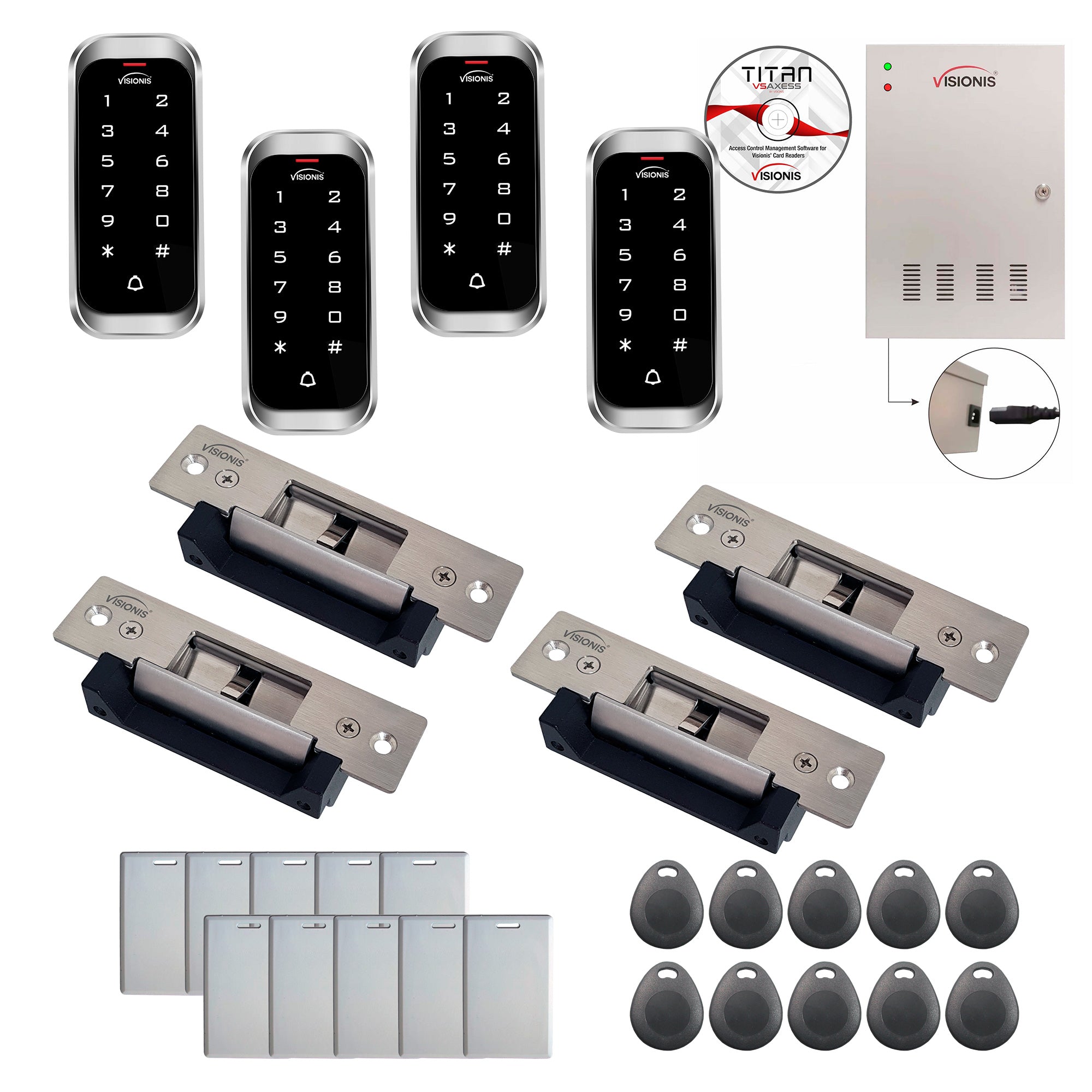 FPC-8162 Four Doors Access Control Electric Strike Fail Safe / Fail Secure Time Attendance TCP/IP Wiegand Controller Box, Weatherproof Keypad/Reader, EM Compatible, Software Included, 20000 Users Kit