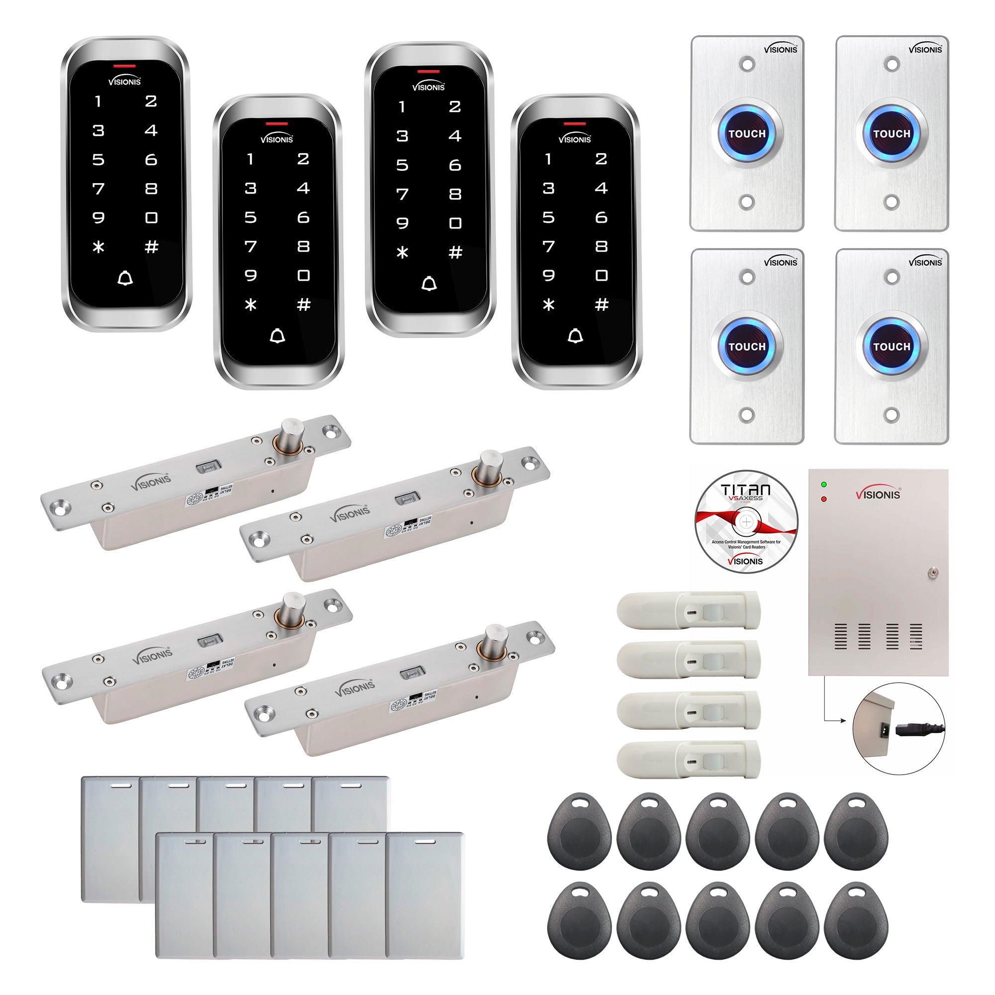 FPC-8163 4 Doors Access Control Electric Drop Bolt Fail Secure Time Attendance TCP/IP Wiegand Controller Box, Outdoor Digital Touch Keypad / Reader, EM Compatible, Software Included, 20000 Users, PIR