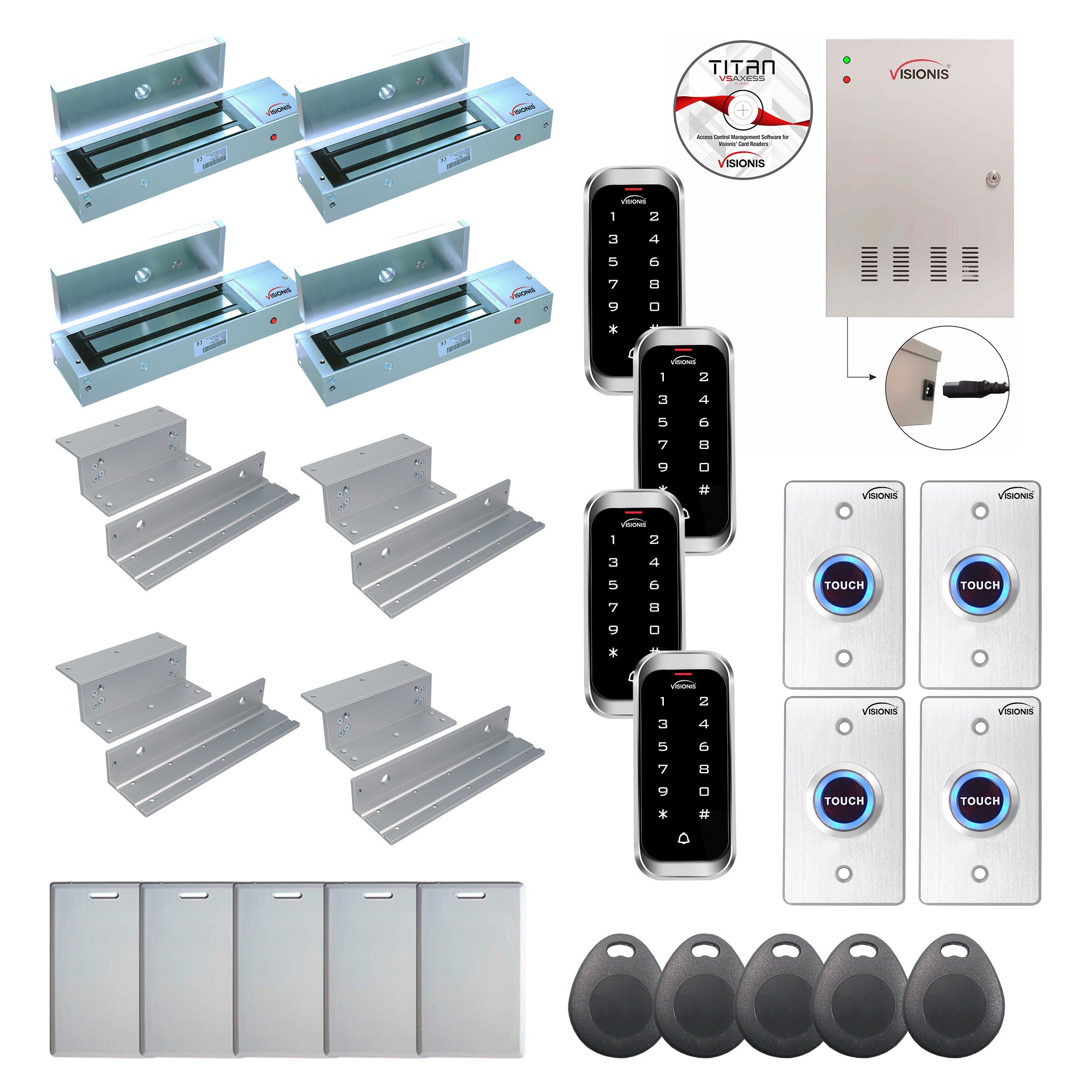 FPC-8194 4 Door Professional Access Control Inswinging Door 1200lbs Mag Lock Time Attendance TCP/IP Wiegand Controller Box, Outdoor Weatherproof Keypad/Reader, Software, 20000 Users, 70000 Records