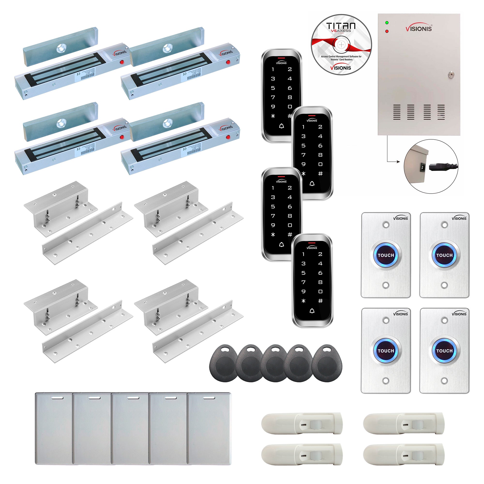 FPC-8198 4 Door Professional Access Control Inswinging Door 300lbs Maglock Time Attendance TCP/IP Wiegand Controller Box, Weatherproof Keypad/Reader, Software, 20,000 Users, 70,000 Records, PIR Kit