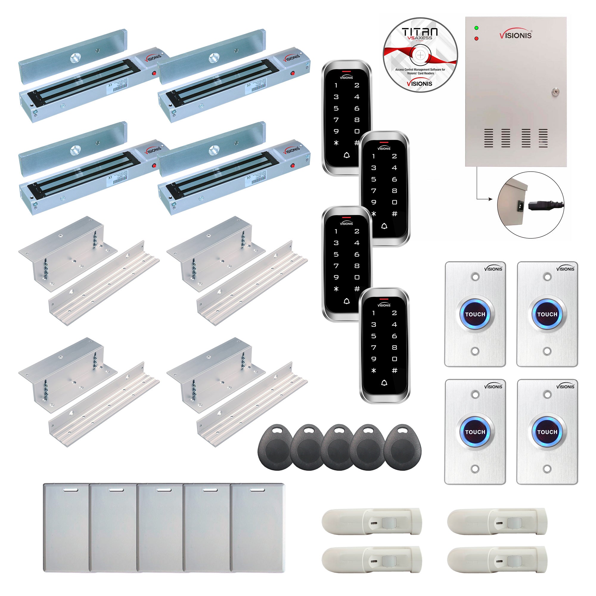 FPC-8199 4 Door Professional Access Control Inswinging Door 600lbs Maglock Time Attendance TCP/IP Wiegand Controller Box, Weatherproof Keypad/Reader, Software, 20,000 Users, 70,000 Records, PIR Kit