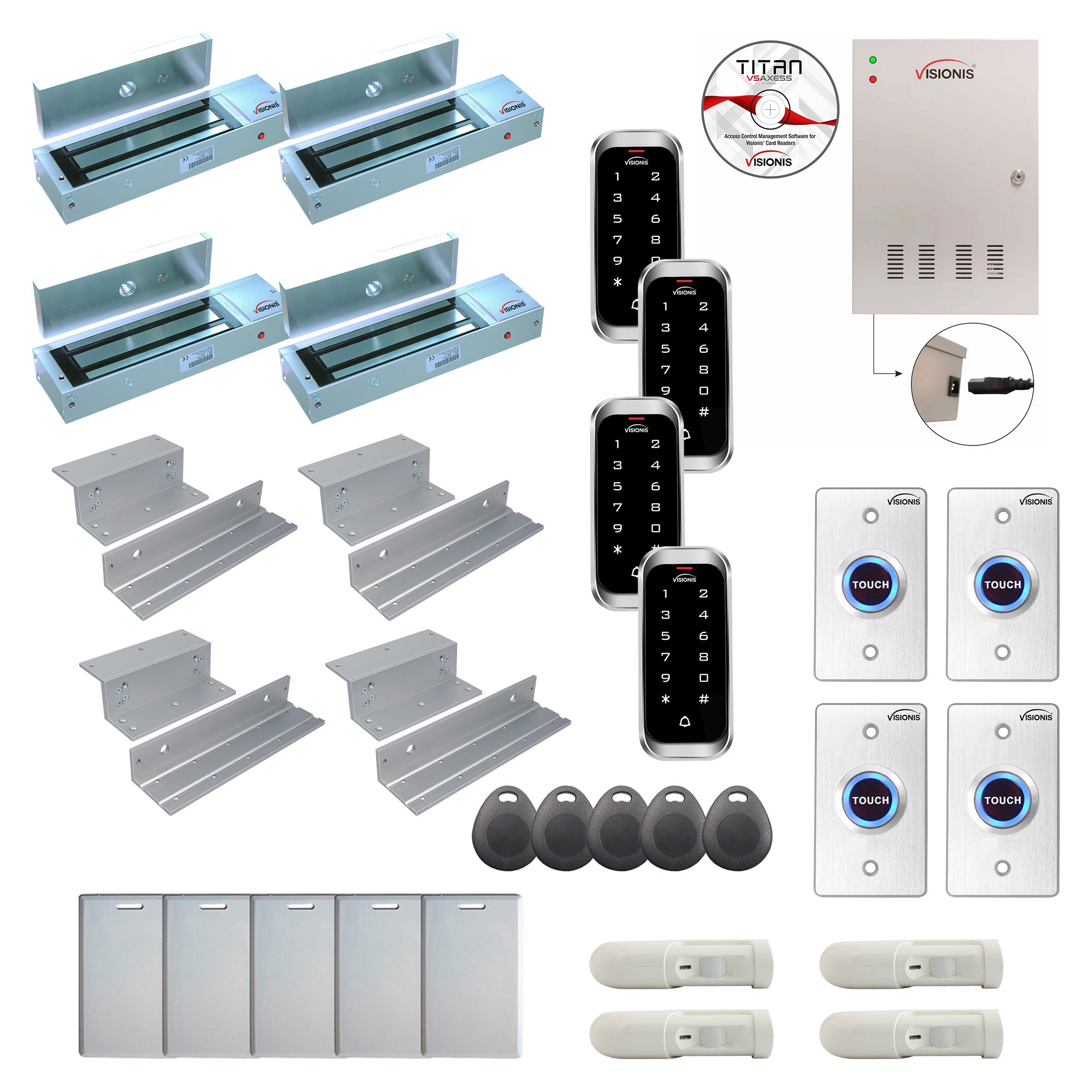 FPC-8200 4 Door Professional Access Control Inswinging Door 1200lbs Maglock Time Attendance TCP/IP Wiegand Controller Box, Weatherproof Keypad/Reader, Software, 20,000 Users, 70,000 Records, PIR Kit