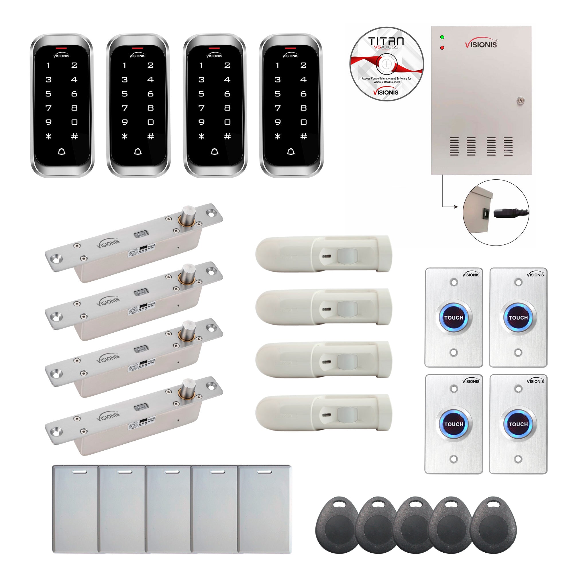 FPC-8203 4 Doors Professional Access Control Electric Drop Bolt Fail Secure Time Attendance TCP/IP Wiegand Controller Box, Weatherproof Keypad/Reader, Software, 20,000 Users, 70,000 Records, PIR Kit