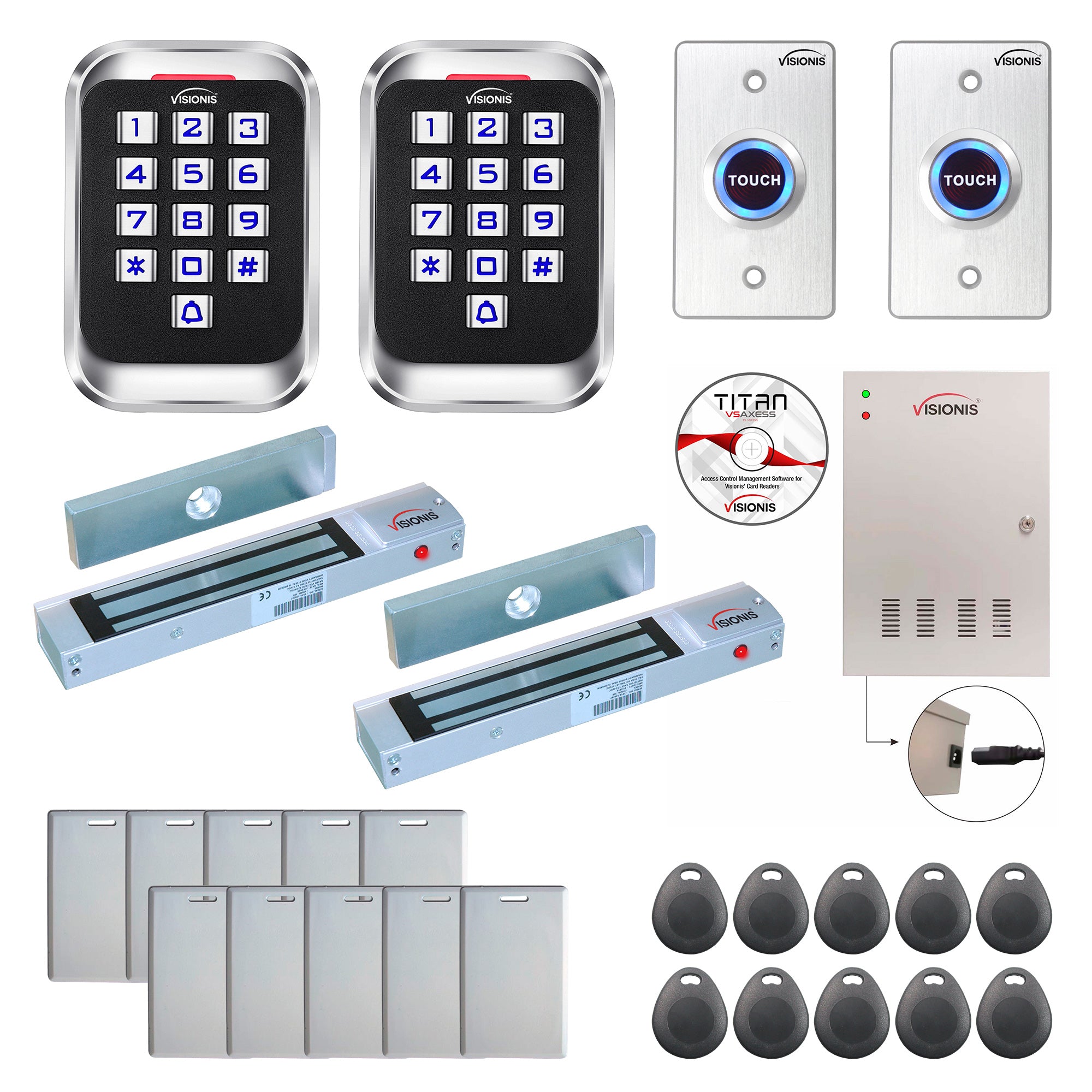 FPC-8229 Two Doors Access Control Outswinging Door 300lbs Mag Lock Time Attendance TCP/IP Wiegand Controller Box + Power Supply, Outdoor Keypad/Reader, Software, 20,000 Users, 70,000 Records