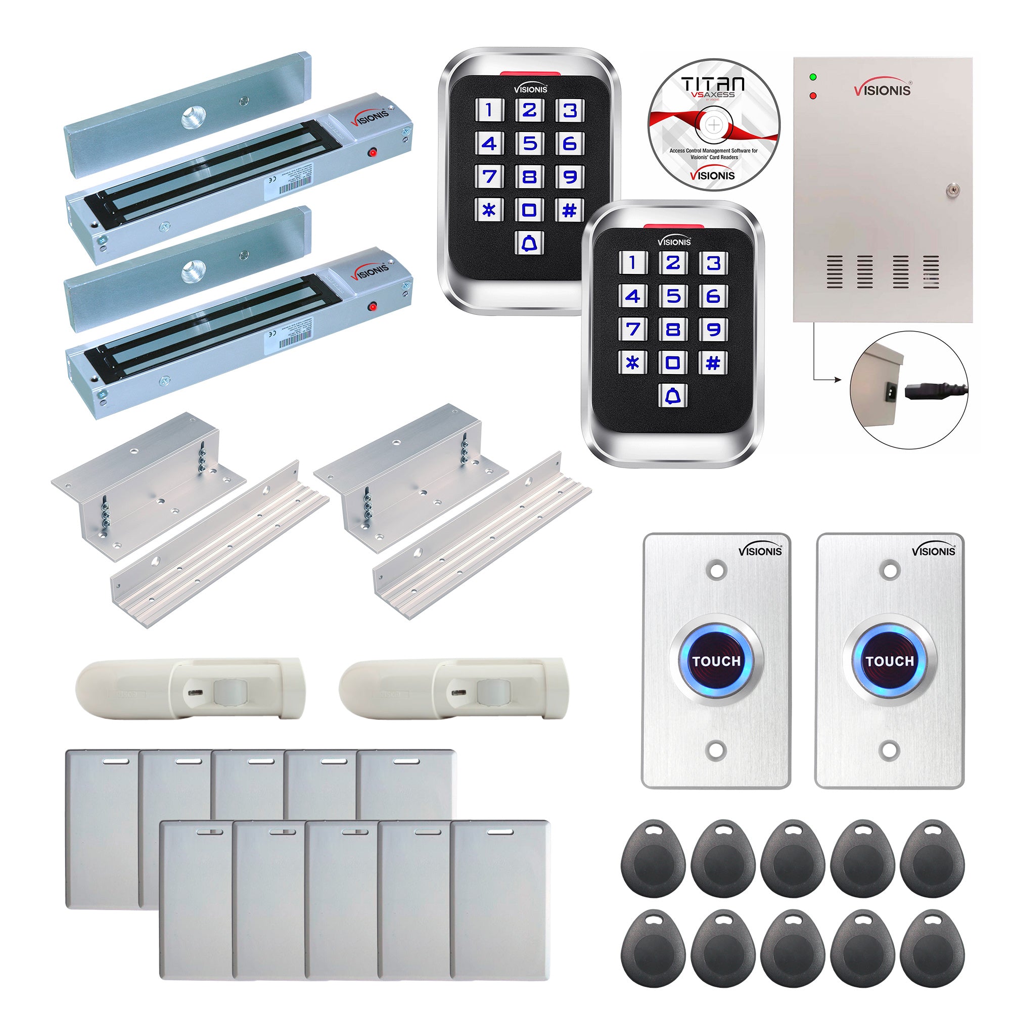 FPC-8239 Two Doors Access Control Electromagnetic Lock For Inswinging Door 600lbs TCP/IP Wiegand Controller Box, Outdoor Keypad/Reader, Software Included, With PIR, 20,000 Users, 70,000 Records Kit