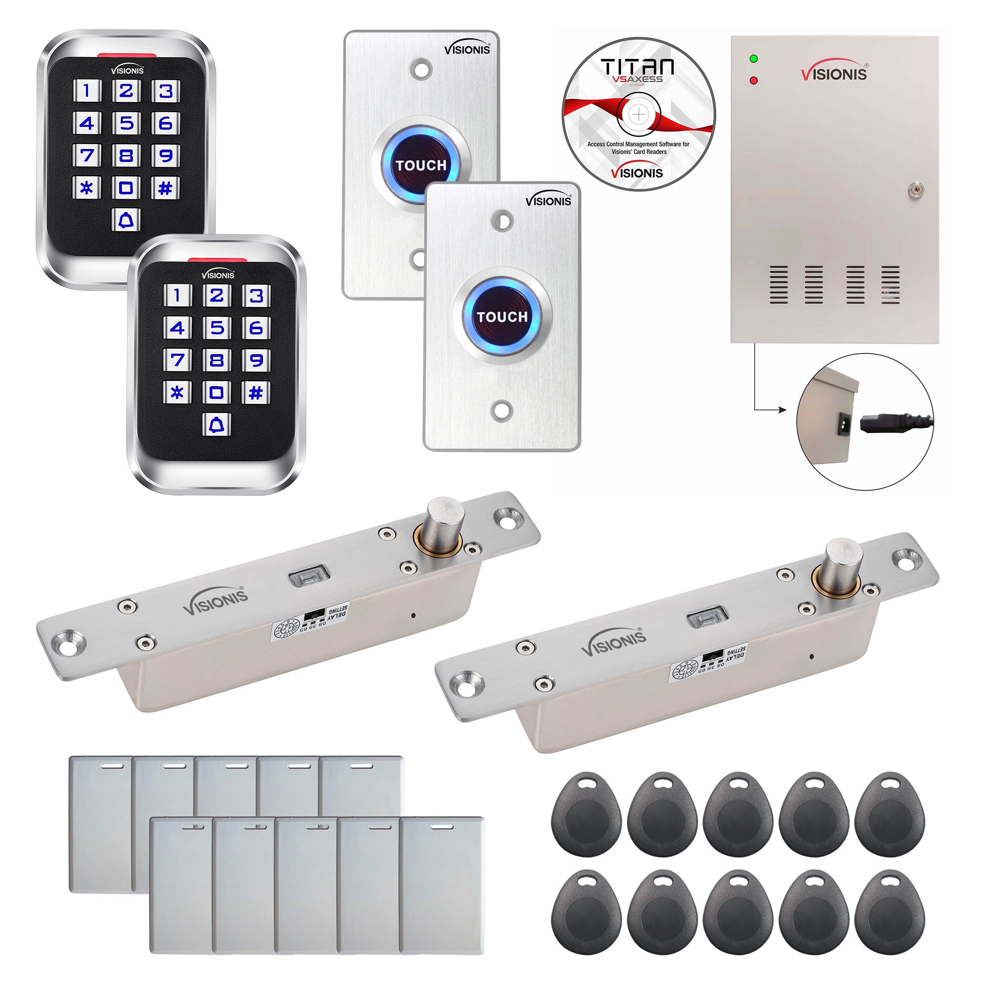 FPC-8247 Two Doors Access Control Electric Drop Bolt Fail Secure Time Attendance TCP/IP Wiegand Controller Box, Power Supply, Outdoor Weatherproof Keypad/Reader, EM Compatible, Software Included Kit