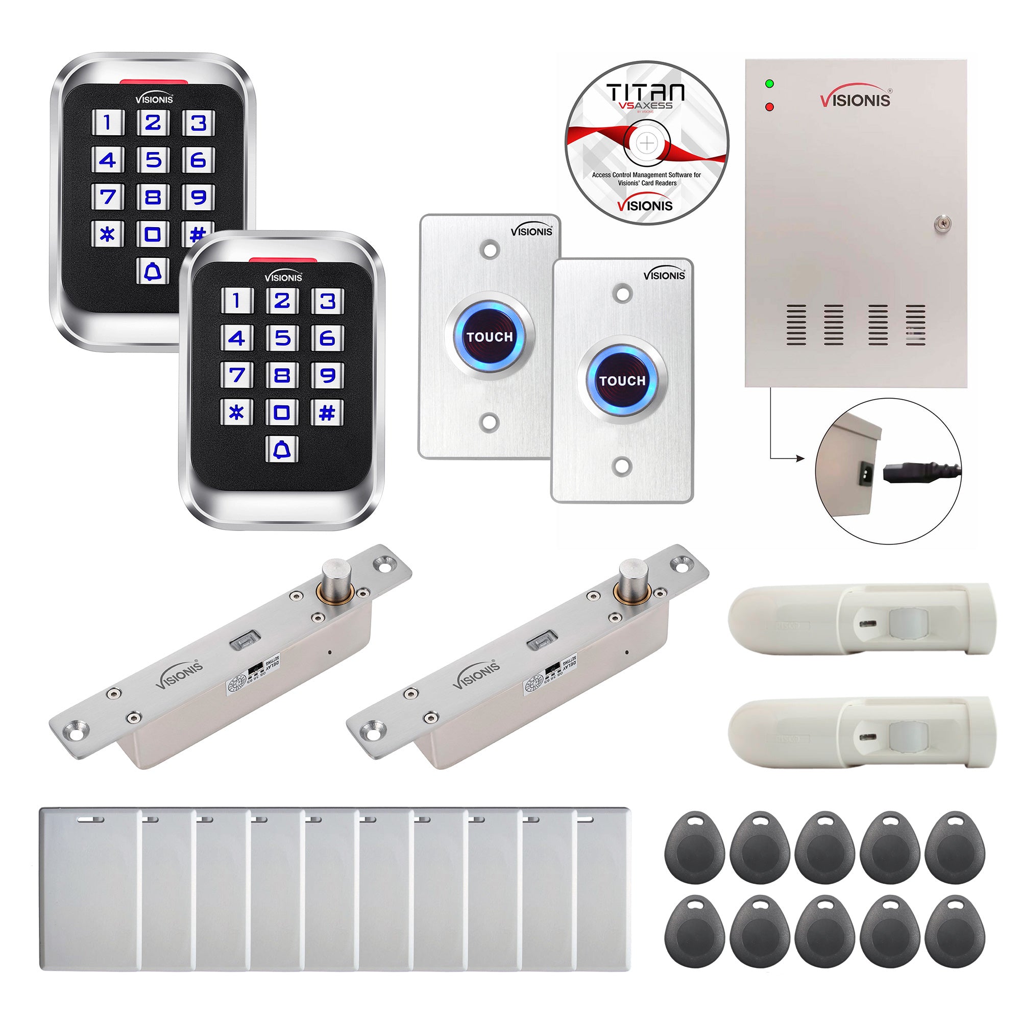 FPC-8249 Two Doors Access Control Electric Drop Bolt Fail Secure Time Attendance TCP/IP Wiegand Controller Box, Outdoor Keypad / Reader, Software Included, With PIR, 20,000 Users, 70,000 Records Kit