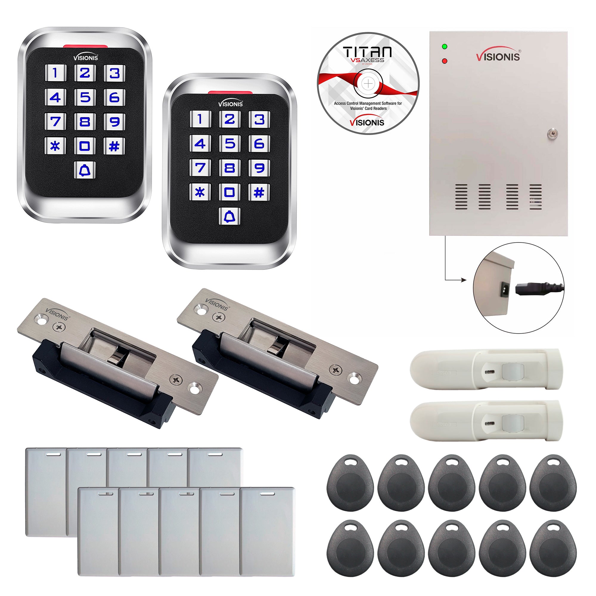 FPC-8250 Two Doors Access Control Electric Strike Fail Safe And Fail Secure, Time Attendance TCP/IP Wiegand Controller Box, Outdoor Keypad/Reader, Software, With PIR, 20,000 Users, 70,000 Records Kit