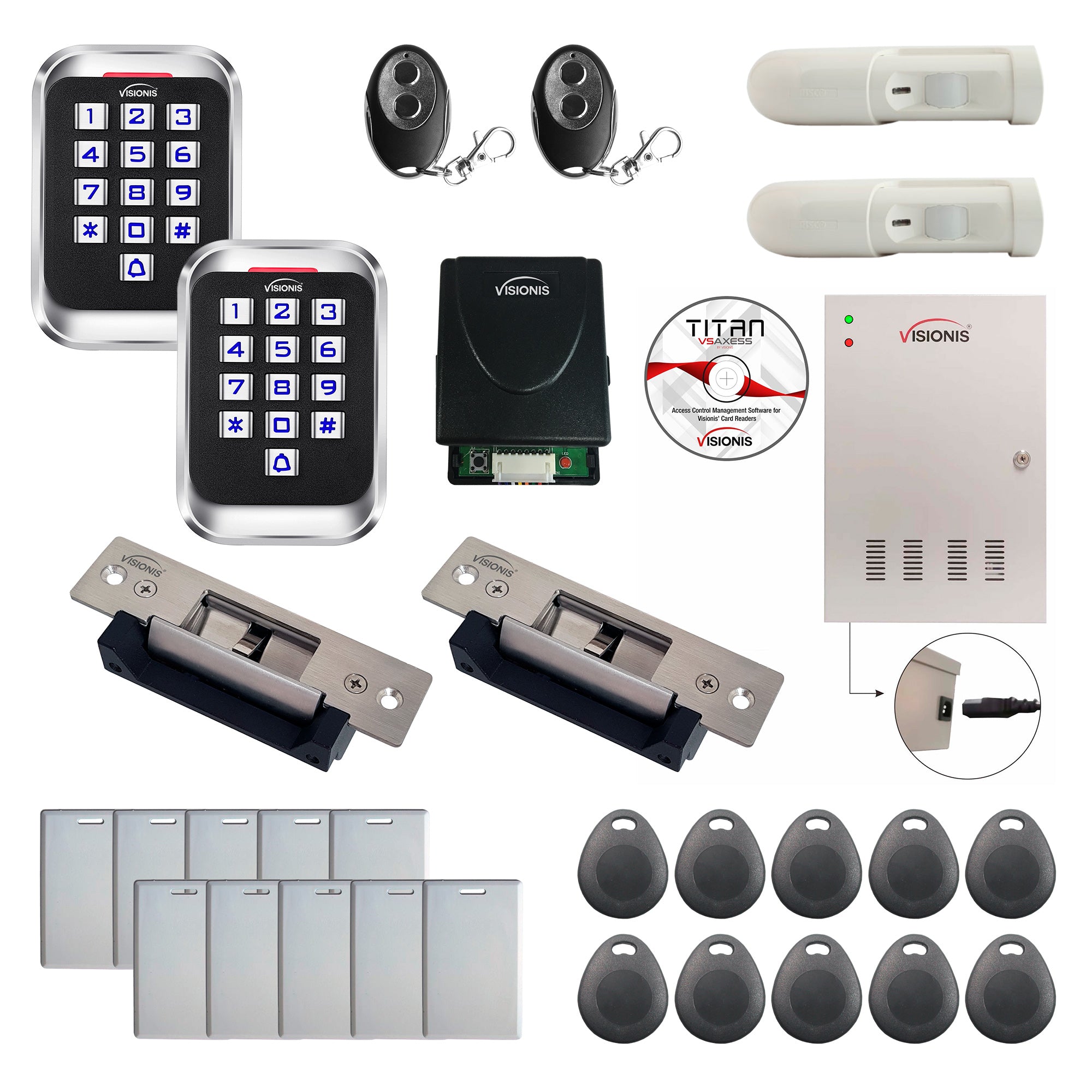 FPC-8252 2 Doors Access Control Electric Strike Fail Safe Fail Secure, Time Attendance TCP/IP Wiegand Controller Box, Outdoor Keypad/Reader, Software, Receiver, PIR, 20,000 Users, 70,000 Records Kit