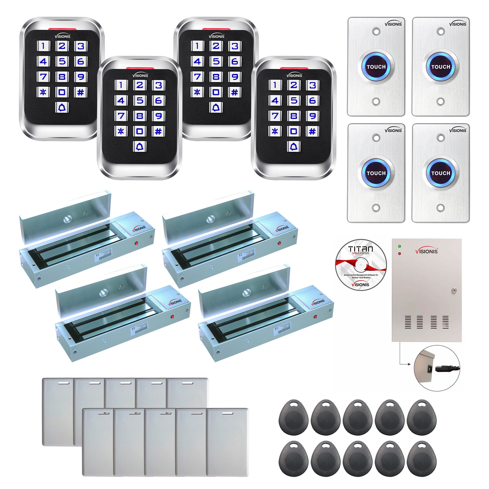 FPC-8255 4 Doors Access Control Outswinging Door 1200lbs Mag Lock Time Attendance TCP/IP Wiegand Controller Box + Power Supply, Outdoor Keypad / Reader, Software, 20,000 Users, 70,000 Records Kit