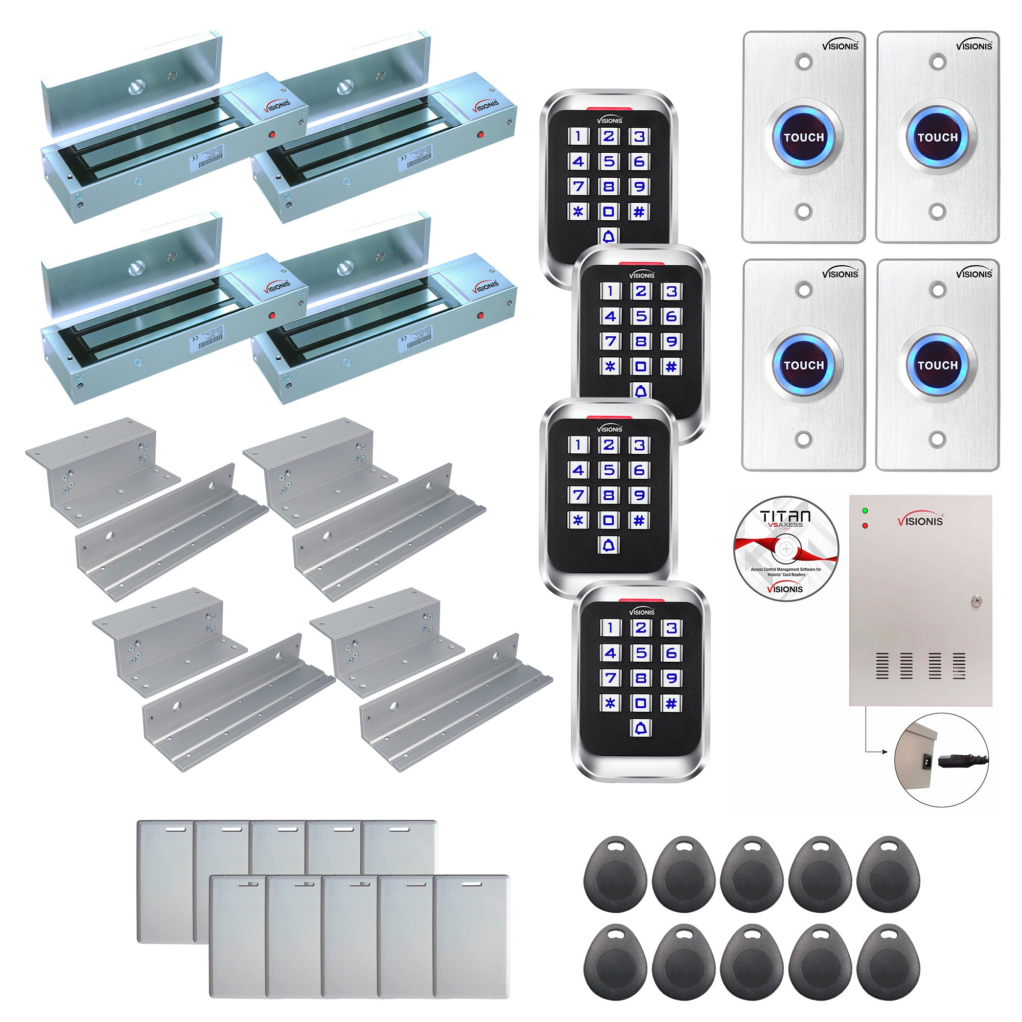 FPC-8258 4 Doors Access Control Inswinging Door 1200lbs Mag Lock Time Attendance TCP/IP Wiegand Controller Box + Power Supply, Outdoor Keypad / Reader, Software, 20,000 Users, 70,000 Records Kit