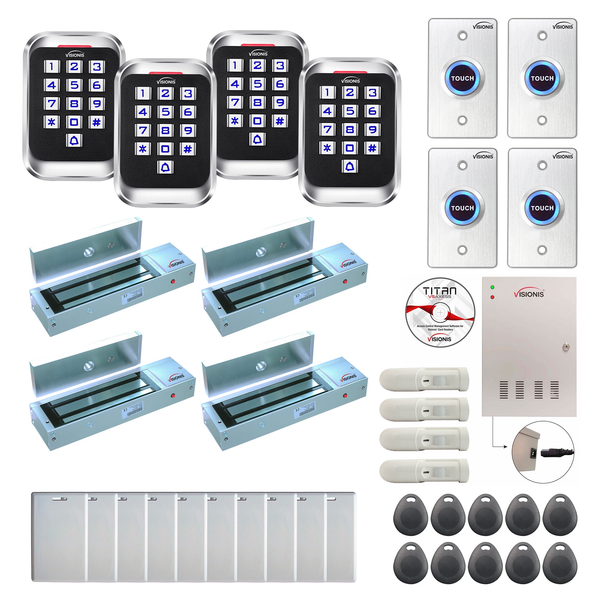 FPC-8261 Four Doors Access Control Electromagnetic Lock For Outswinging Door 1200lbs TCP/IP Wiegand Controller Box, Outdoor Keypad / Reader, Software Included, With PIR, 20,000 Users, 70,000 Records