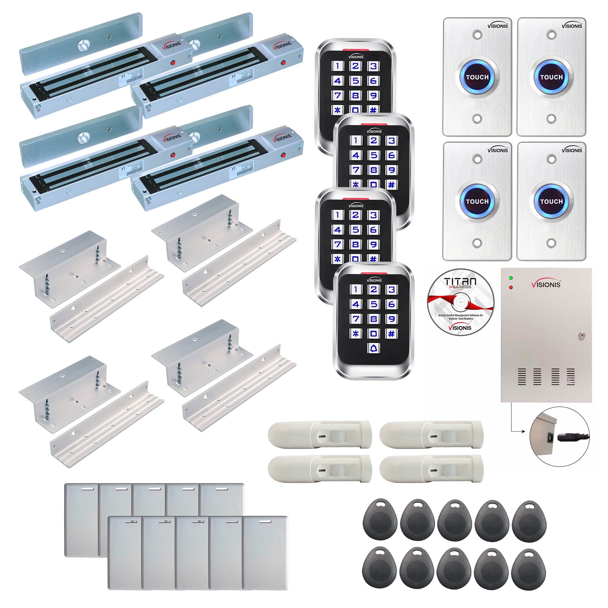 FPC-8263 Four Doors Access Control Electromagnetic Lock For Inswinging Door 600lbs TCP/IP Wiegand Controller Box, Outdoor Keypad / Reader, Software Included, With PIR, 20,000 Users, 70,000 Records