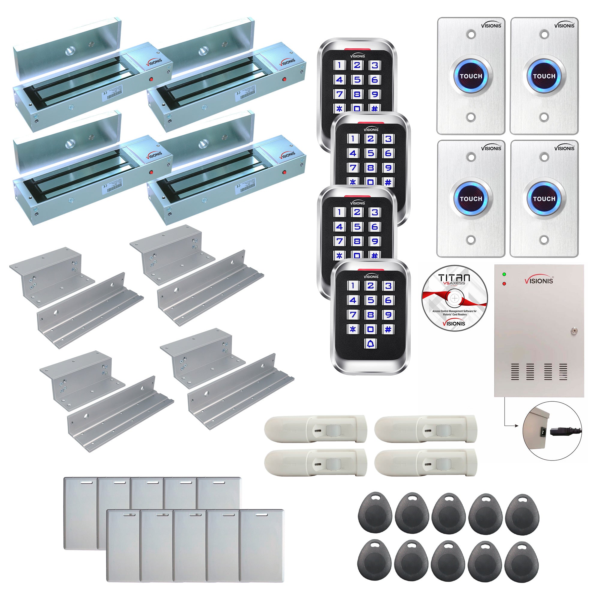 FPC-8264 Four Doors Access Control Electromagnetic Lock For Inswinging Door 1200lbs TCP/IP Wiegand Controller Box, Outdoor Keypad / Reader, Software Included , With PIR, 20,000 Users, 70,000 Records