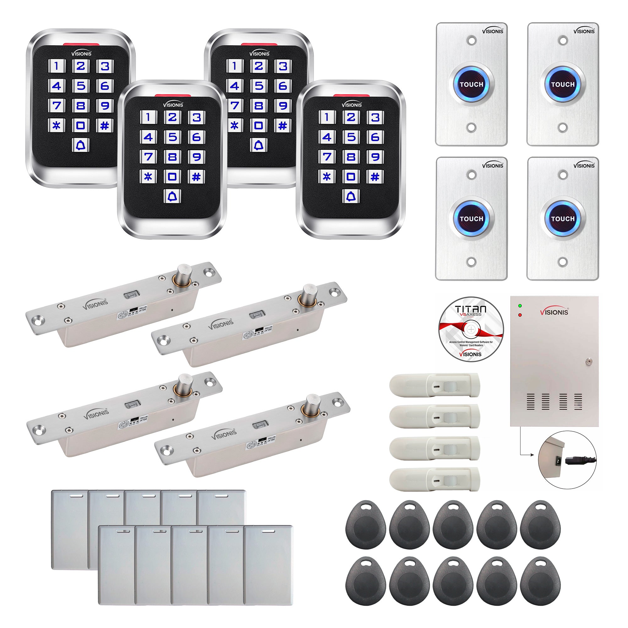 FPC-8267 Four Doors Access Control Electric Drop Bolt Fail Secure Time Attendance TCP/IP Wiegand Controller Box, Outdoor Keypad/Reader, Software Included, With PIR, 20,000 Users, 70,000 Records Kit