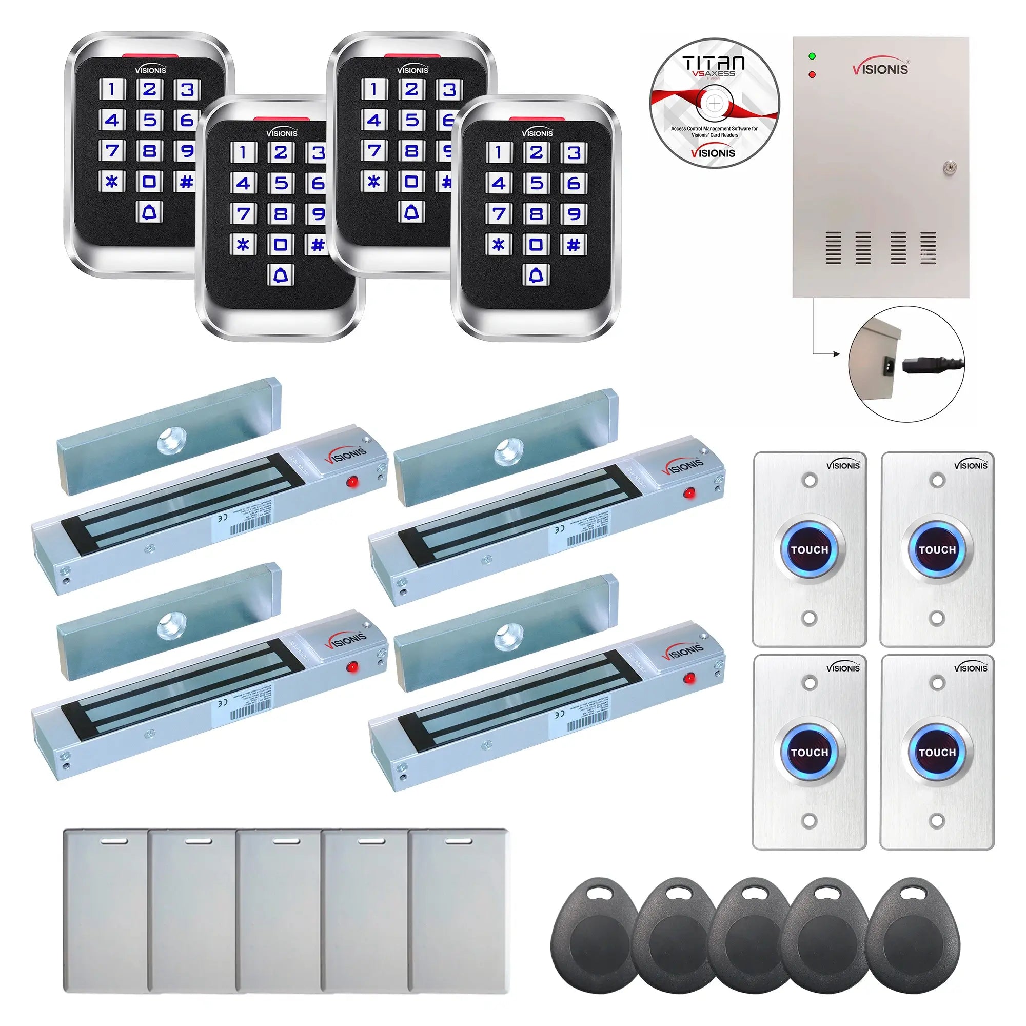Badge access control systems with 300 lbs maglocks, card readers, exit buttons, software - FPC-8293