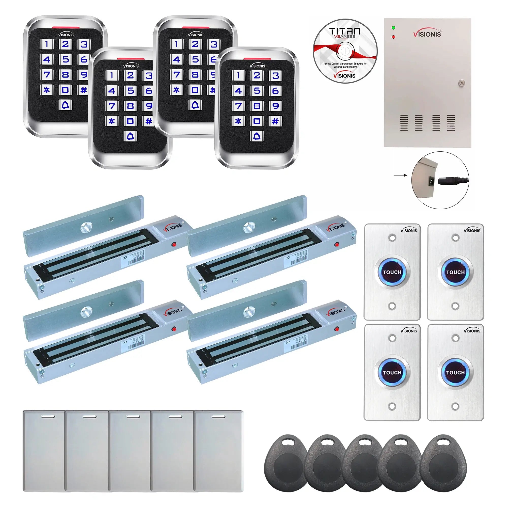 Badge access control systems with 600 lbs maglocks, card readers, exit buttons, software - FPC-8294