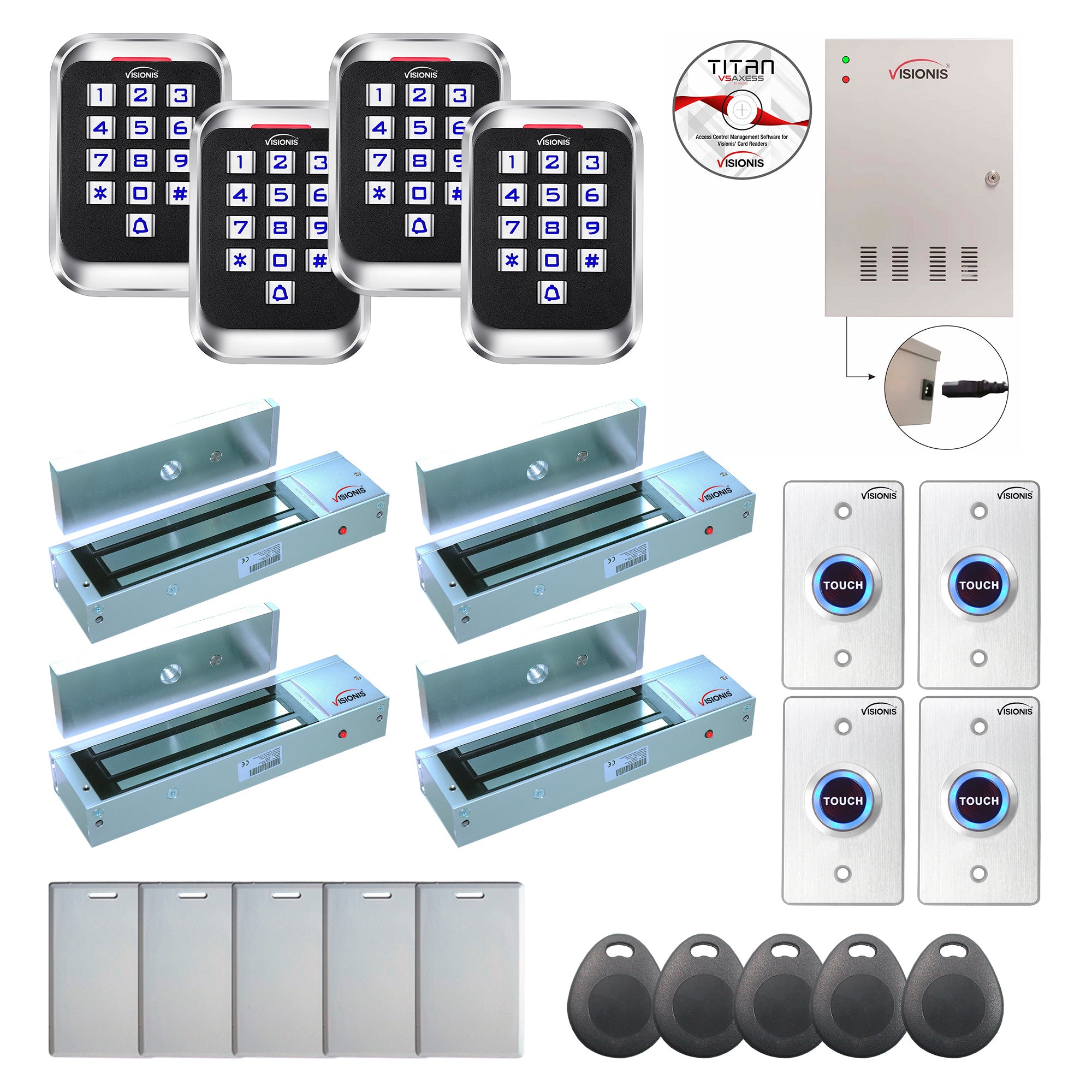 FPC-8295 4 Door Professional Access Control Outswinging Door 1200lbs Mag Lock Time Attendance TCP/IP Wiegand Controller Box, Outdoor Keypad / Reader, Software Included, 20,000 Users, 70,000 Records