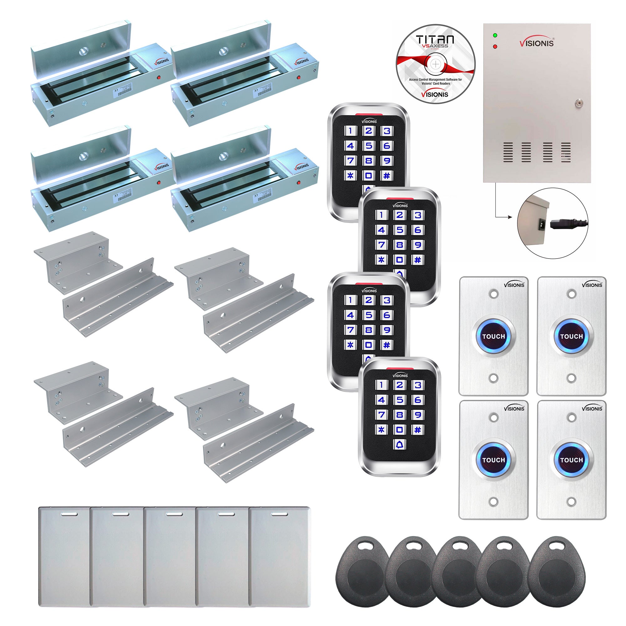 FPC-8298 4 Door Professional Access Control Inswinging Door 1200lb Mag Lock Time Attendance TCP / IP Wiegand Controller Box, Outdoor Keypad / Reader, Software Included, 20,000 Users, 70,000 Records